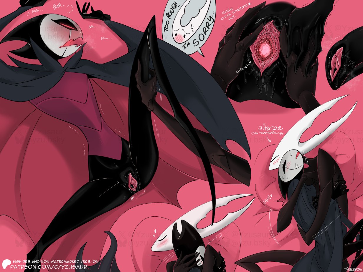 1boy, 1nonbinary, 2025, after sex, aftercare, bedroom, black body, black skin, blush, bodily fluids, cloak, closed eyes, dialogue, female, gay, gay sex, grey clothing, grimm (hollow knight), heart, heavy breathing, hi res, holding, hollow knight, hollow knight (character), horns, hugging, laying down, needy, one leg up, pure vessel, pussy, red eyes, stretching, sweat, sweatdrop, sweating, yzusaur