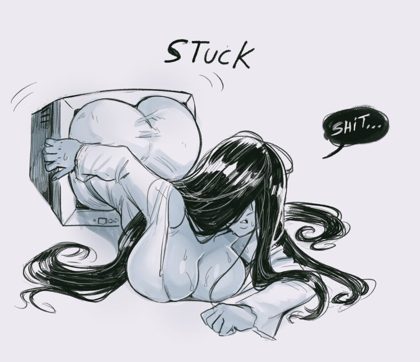 1girls, ass, black hair, breasts, colored skin, covered eyes, crawling, crt, dress, english text, grey skin, hair over eyes, huge ass, inconvenient ass, insouwu, large breasts, long hair, nervous sweating, profanity, solo, speech bubble, stuck, sweat, the ring, through medium, through screen, white dress, yamamura sadako