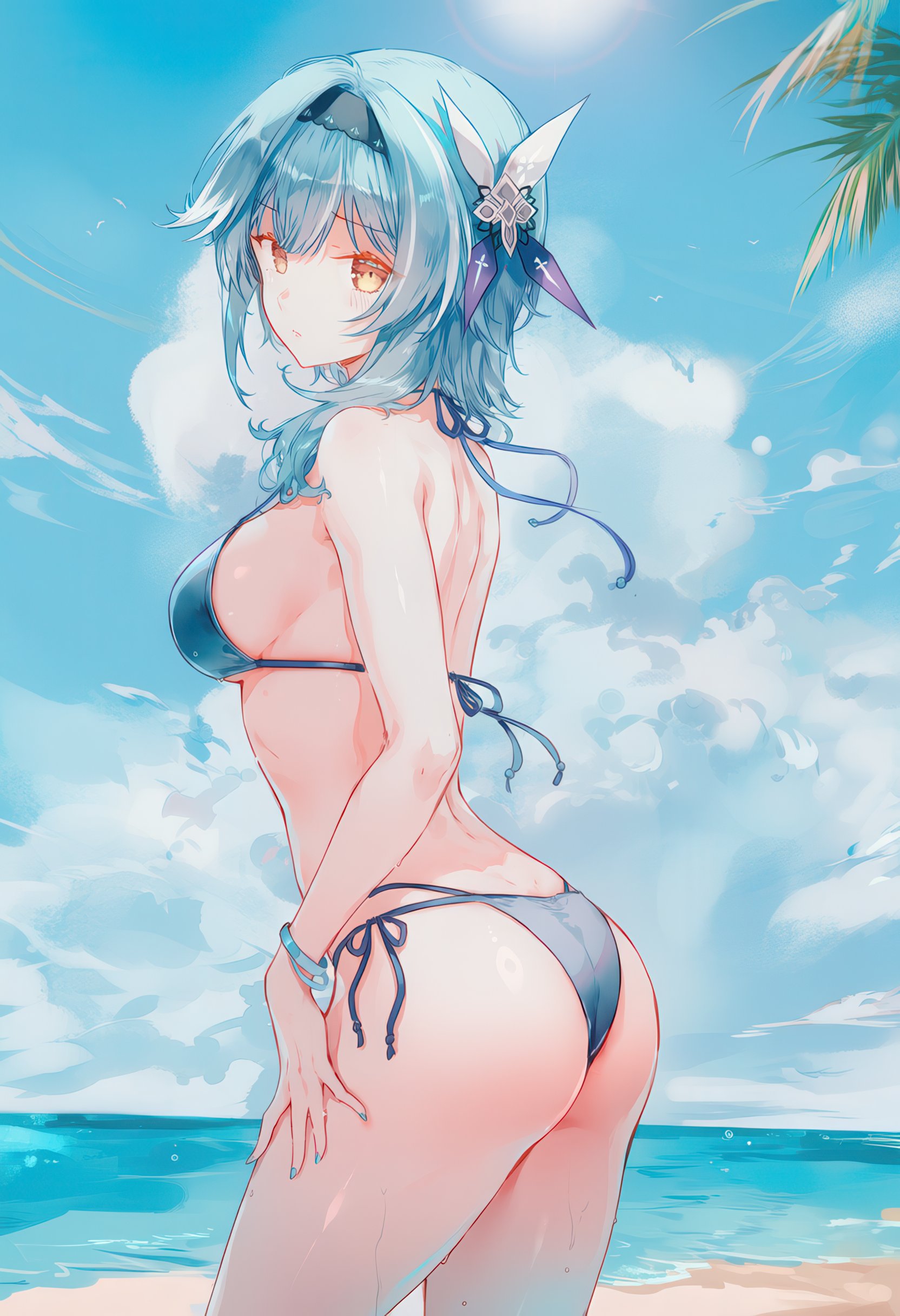 1girls, 2d, 2d (artwork), accurate body type, ai generated, alternate costume, beach, beach background, bikini, bikini bottom, bikini top, blue bikini bottom, blue bikini top, blue hair, blue nails, blue swimsuit, clouds, day, eula (genshin impact), female, female focus, female only, genshin impact, high resolution, highres, light skin, light-skinned female, looking at viewer, mature, mature female, ocean, outdoors, sand, short hair, side view, sideboob, sky, slim girl, solo, solo female, solo focus, standing, stormiaart, sun, swimsuit, thong, thong bikini, two piece swimsuit, water, yellow eyes