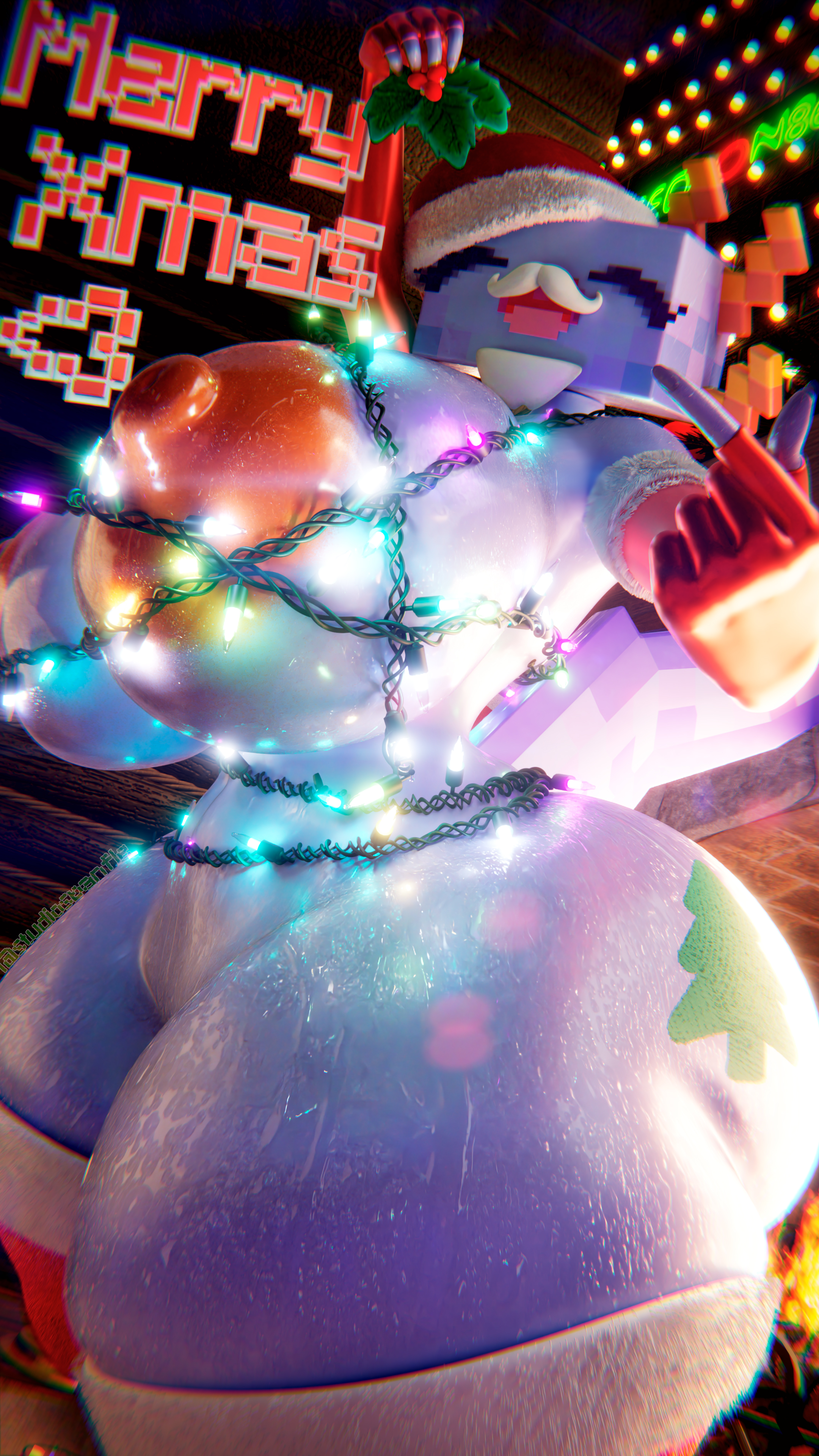 3d, 3d (artwork), anthro, areolae, ass, ass bigger than head, axolotl, axolotl (minecraft), bath, big ass, big breasts, big thighs, blue body, blue skin, breasts, breasts bigger than head, christmas, christmas clothing, christmas light bondage, christmas lights, curvaceous, curvy, curvy figure, female, glistening body, huge breasts, minecraft, mistletoe, nipples, orange nipples, panflestudios, puffy areola, puffy nipples, stockings, tagme, voluptuous, wet, wet body, wide hips