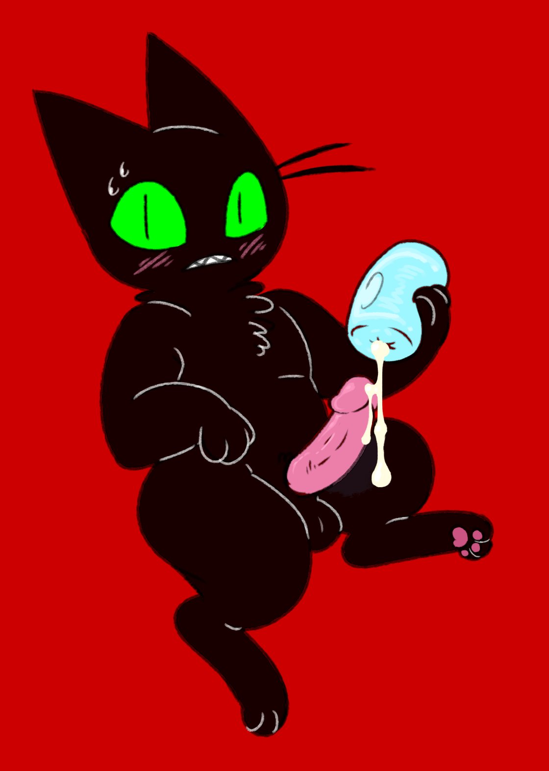 after_masturbation after_orgasm anthro balls black_body black_fur blush bodily_fluids cartoon_network caught cum cum_drip cum_in_sex_toy cum_on_penis dripping embarrassed fur genital_fluids genitals green_sclera hi_res looking_at_viewer male male_only mao_mao:_heroes_of_pure_heart nude nylonheretic pawpads penetrable_sex_toy penis pink_penis red_background sex_toy sheriff_mao_mao_mao simple_background sitting solo sweat