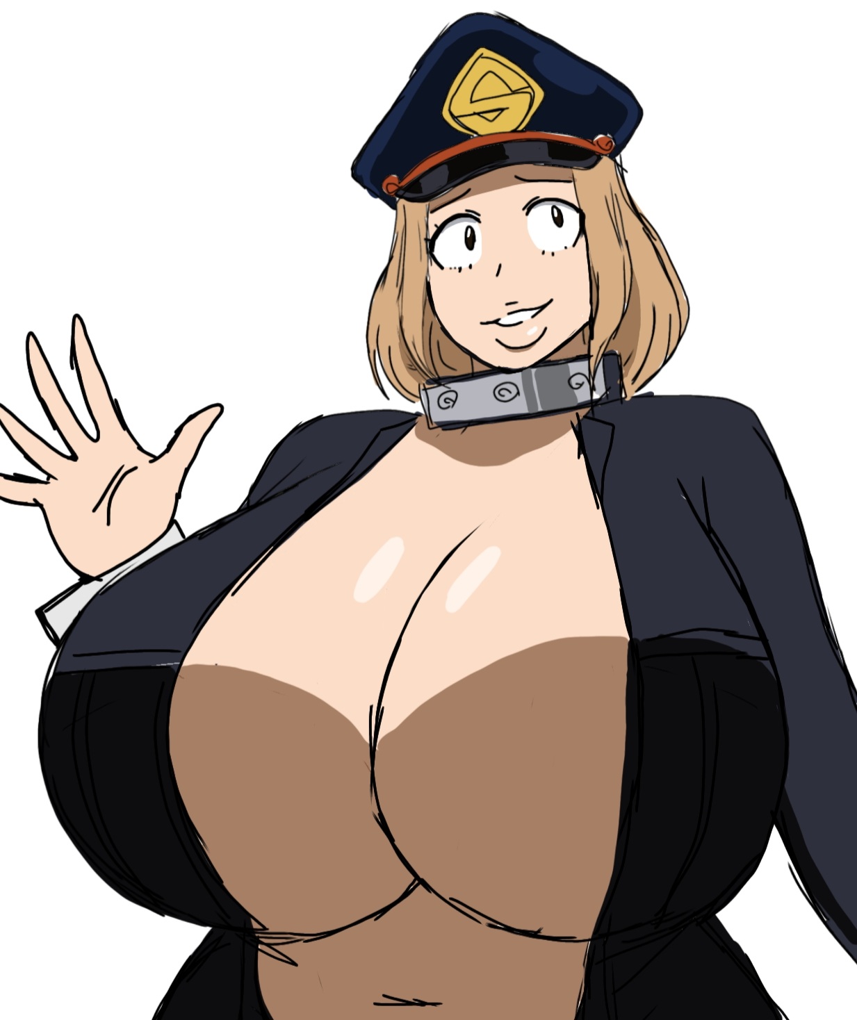 1girls, 2d, 2d (artwork), alternate body type, alternate breast size, big breasts, blonde hair, blonde hair female, breasts, breasts bigger than head, busty, busty female, busty girl, camie utsushimi, curvy, curvy body, curvy female, curvy figure, digital drawing (artwork), digital media (artwork), female, female focus, female only, hand wave, hat, huge breasts, inner sideboob, japanese, japanese female, kissable lips, large breasts, light skin, light skinned female, lips, mature, mature woman, momiji (artist), my hero academia, short hair, short hair female, simple background, solo, solo female, solo focus, upper body, waving, waving at viewer, white background