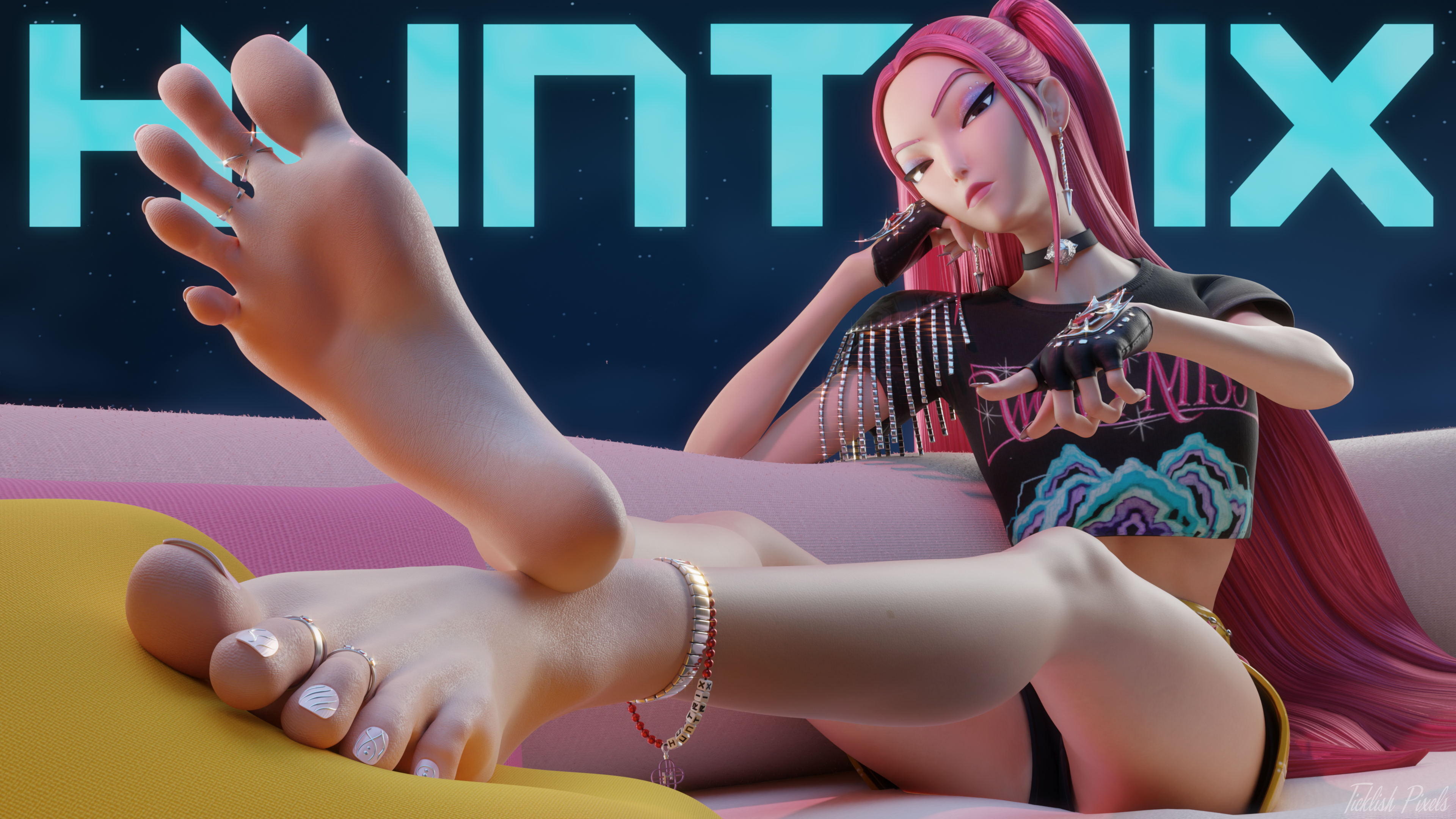 3d, anklet, asian, asian female, barefoot, bored expression, clothed, clothed female, foot fetish, gloves, jewelry, kpop demon hunters, looking at viewer, looking down, mira (kpop demon hunters), netflix, pink hair, pointing, pointing at foot, showing feet, sole female, soles, sony interactive entertainment, ticklishpixels, toe ring, toenail polish, toes, white toenail polish