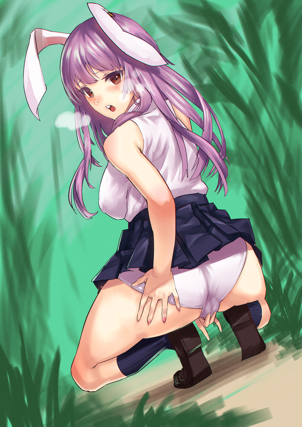 ass, blush, bunny ears, cameltoe, clothed masturbation, clothing, female, heavy breathing, hihiyama yokikana, looking at viewer, looking back, masturbation, masturbation through clothing, outside, panties, purple hair, pussy, red eyes, reisen udongein inaba, skirt, skirt lift, squatting, tagme, touhou, visible breath, white panties