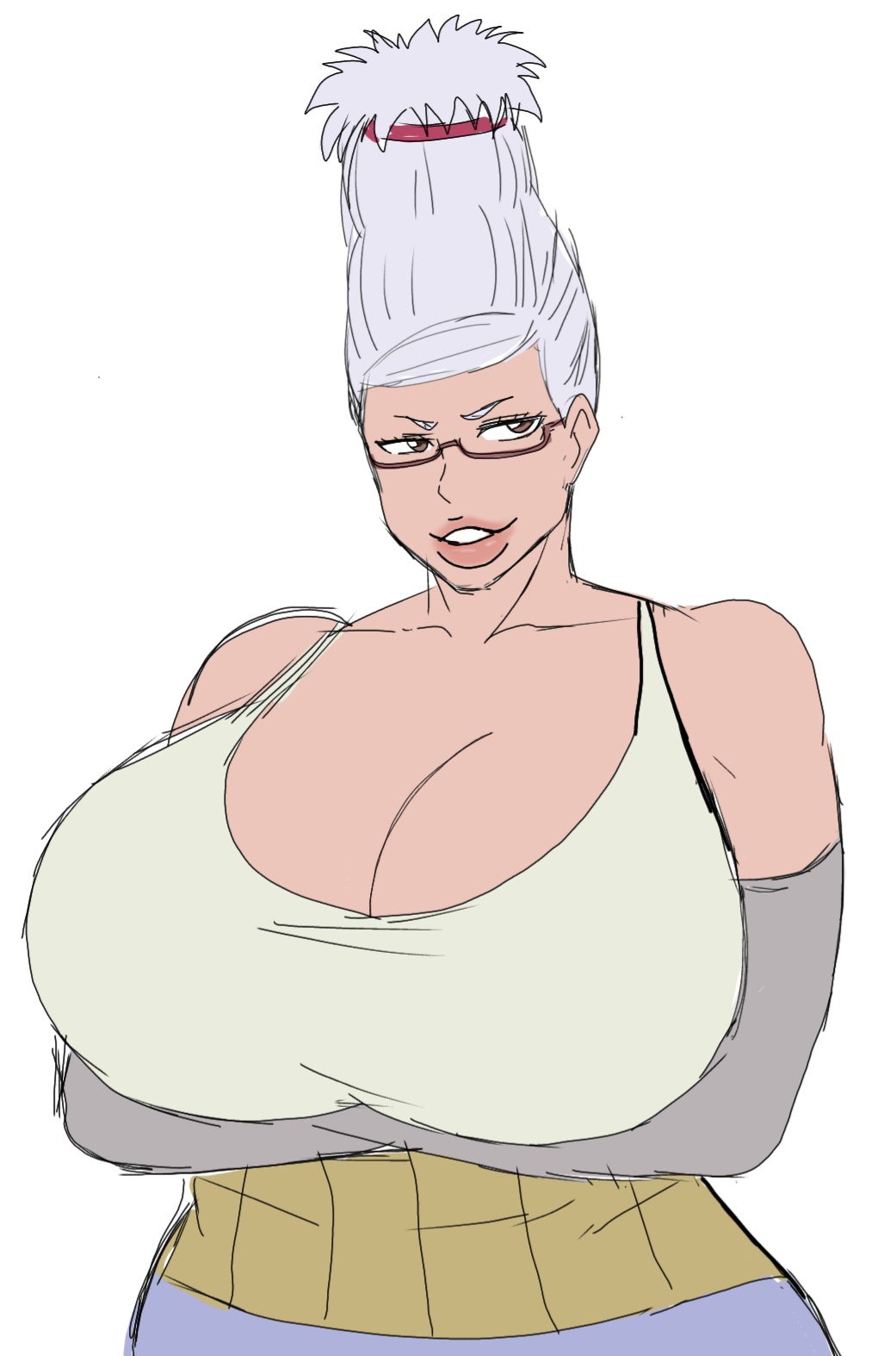 1girls, 2d, 2d (artwork), alternate body type, alternate breast size, arms crossed, arms crossed under breasts, armwear, ayase seiko, big breasts, breasts, breasts bigger than head, busty, busty female, busty girl, curvy, curvy body, curvy female, curvy figure, dandadan, digital drawing (artwork), digital media (artwork), female, female focus, female only, gilf, glasses, grandmother, granny, grey armwear, hair up, huge breasts, japanese, japanese female, kissable lips, large breasts, lips, mature, mature woman, momiji (artist), simple background, smile, smiling, smiling at viewer, solo, solo female, solo focus, upper body, white background, white hair, white hair female