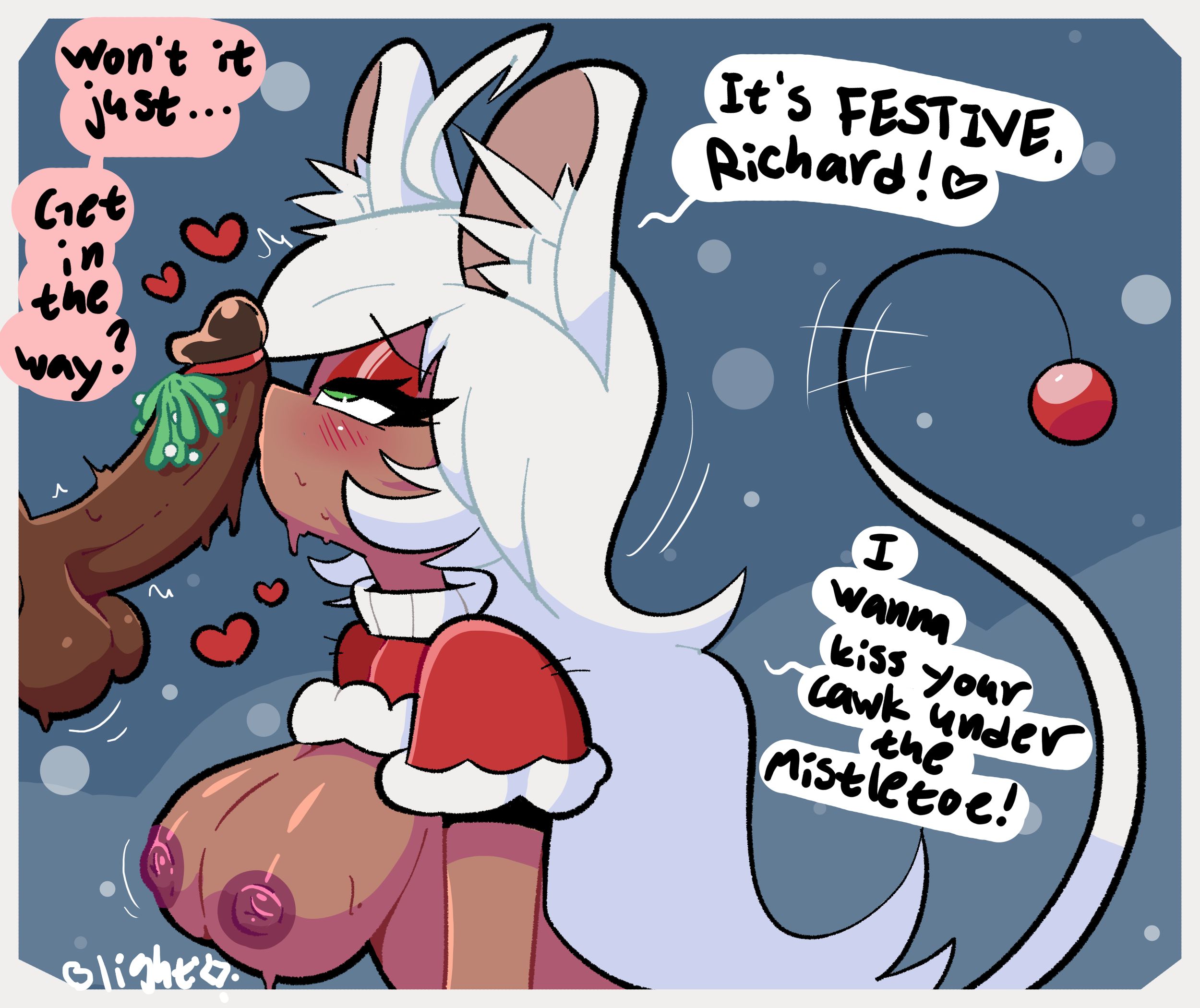 aliciaxlife, alternate hair color, balls, ballsack, blightstar, breasts out, christmas, crop top, dark skin, dark-skinned female, dark-skinned male, decoration, dialogue, english text, eyeshadow, fanart, female, female focus, functionally nude, green eyes, half-closed eyes, heart, holidays, indie virtual youtuber, kissing penis, kissing shaft, large breasts, large penis, long hair, male, mistletoe, mistletoe on penis, offscreen male, penis accessory, penis awe, rat, rat ears, rat girl, rich (aliciaxlife), side view, smooth penis, speech bubble, tagme, tail accessory, virtual youtuber, vtuber, white hair