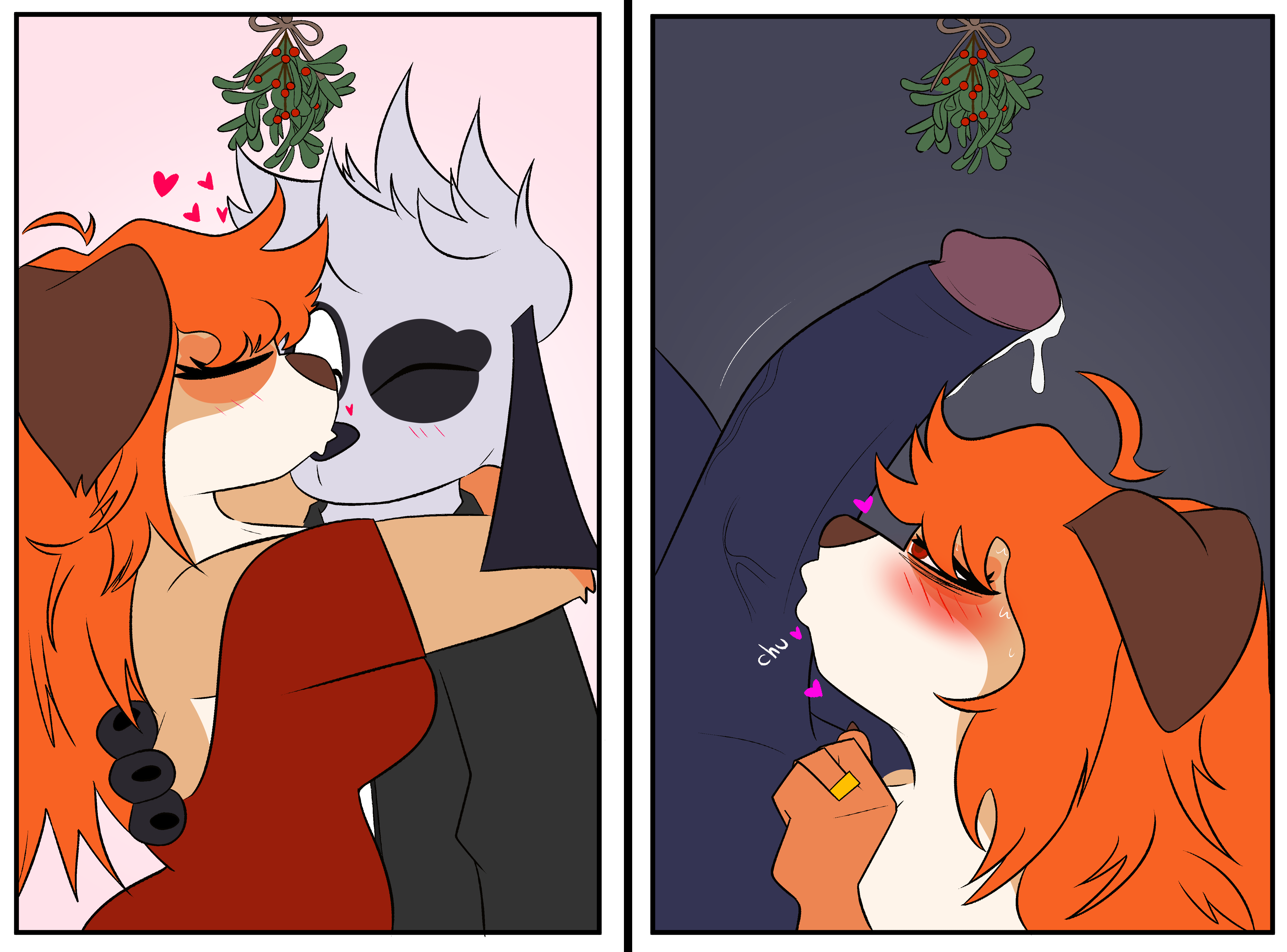 anthro, balls, ballsack, bodily fluids, canid, christmas, clothing, corruption, cuckold, dress, fellatio, furry, holidays, hotwife, infidelity, jewelry, kissing, lips, mokagrps, ntr, oral, ring, sex, sweat