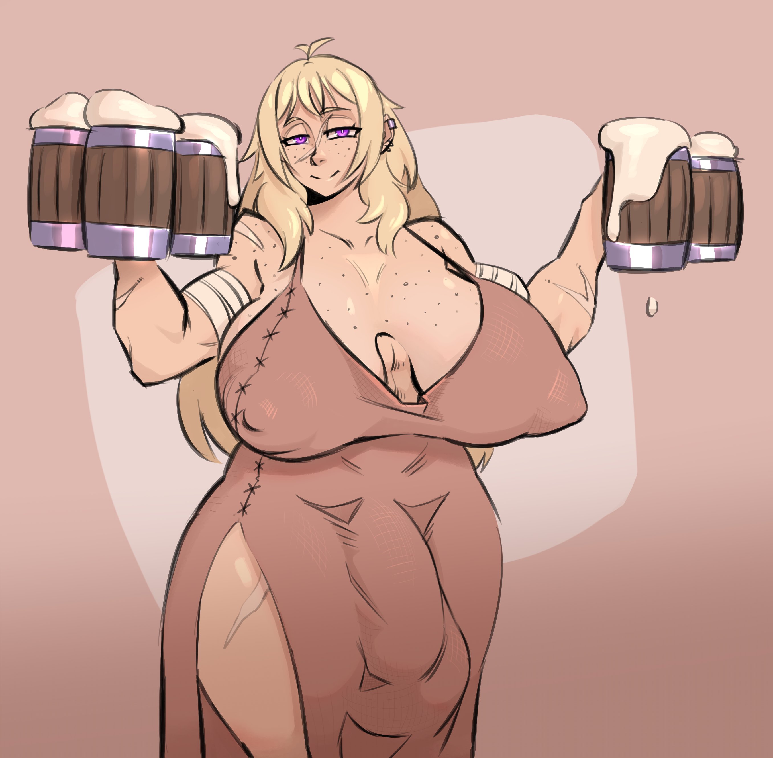 1futa, 1girls, ahoge, bandage, bandaged arm, bernadette (fibilis), blonde hair, boobs, breasts, bulge through clothing, cum, cum drinking, cum in container, cum in cup, cum jar, dress, female, futanari, huge ass, huge boobs, muscular, muscular female, purple eyes, scar, tyberos999