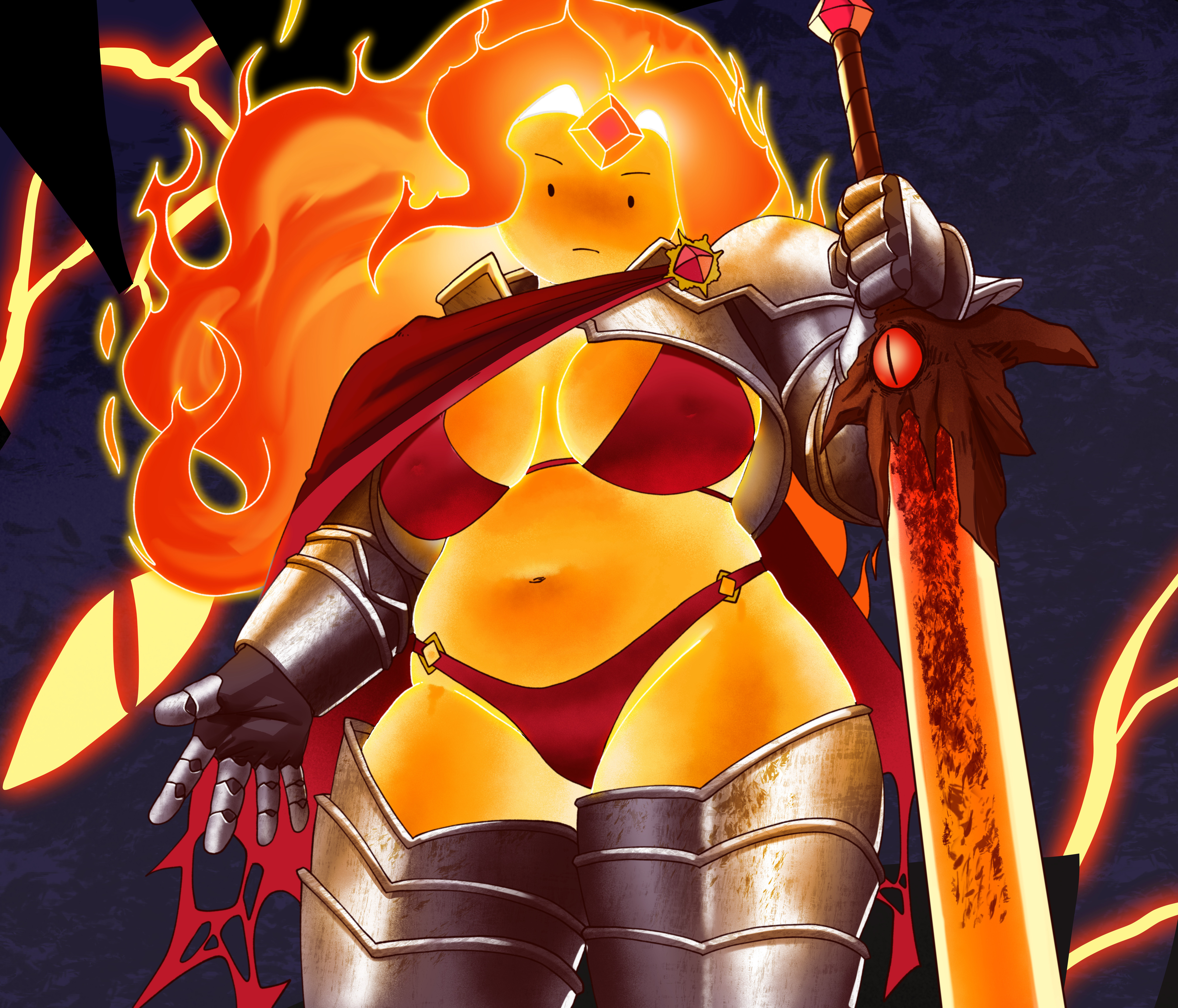 absurd res, adventure time, adventure time: fionna & cake, bikini armor, chubby female, coolerinker, elemental, elemental humanoid, flame princess, inker comics, inkershike, large breasts, looking down at viewer, skimpy armor, slightly chubby, tagme, thick thighs