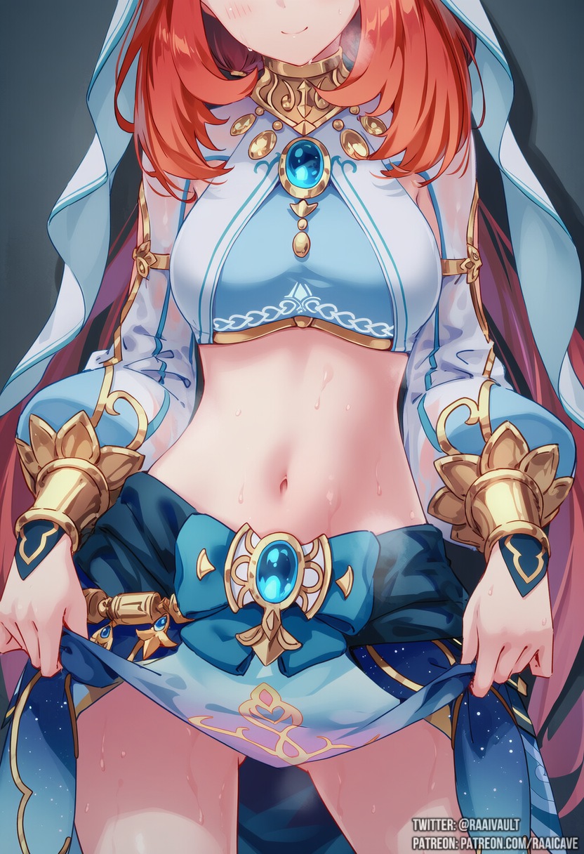 ai generated, bare midriff, belly, belly button, dancer, dancer outfit, genshin impact, hips, midriff, navel, nilou (genshin impact), raaicave, skirt, tummy