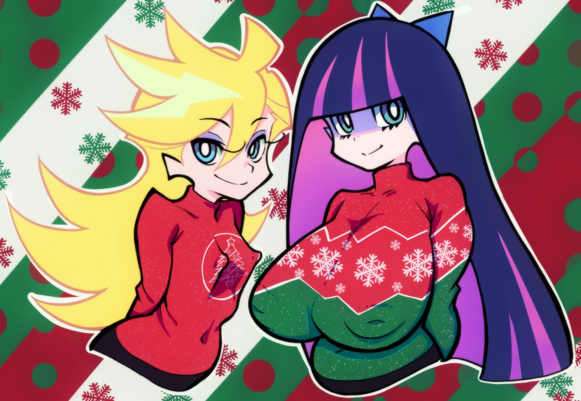 2025, 2girls, areolae, arms behind back, belly button, belly button visible through clothing, big breasts, blonde hair, blue eyes, blunt bangs, breast size difference, breasts, busty, christmas, christmas clothing, christmas sweater, clothed, clothed female, clothing, collaboration, cowboy shot, curvaceous, curvy, duo, female, female only, front view, fully clothed, goth, hair, hair between eyes, hair ornament, hairbow, hands behind back, hi res, holidays, huge breasts, human, human only, inverted nipples, large areolae, large breasts, light skin, light-skinned female, long hair, looking at viewer, multicolored hair, multiple girls, navel, navel visible through clothes, networdnn, nipple bulge, nipples, no bra, panty & stocking with garterbelt, panty anarchy, parallaxfused, perky breasts, pink hair, puffy areola, purple hair, siblings, sisters, slim, small breasts, smile, smiling, smiling at viewer, standing, stocking anarchy, stomach, sweater, two-tone hair, voluptuous