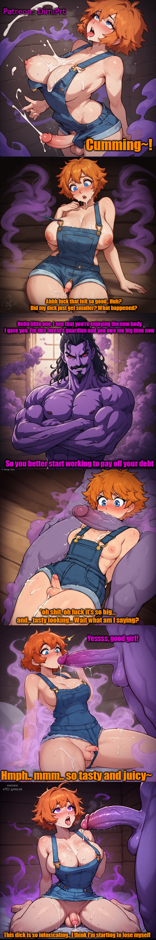 ai generated, blue eyes, blush, breast expansion, breast squeeze, comic, covered in cum, crossdressing, djinn, feminization, freckles, futanari, futanarization, gender transformation, genie, ghost, masturbation, mind break, mind control, orange hair, overalls, overalls only, penis shrinking, purple skin, red hair, rule 63, sissyfication, size difference, speech bubble, spirit, text, transformation, tranz