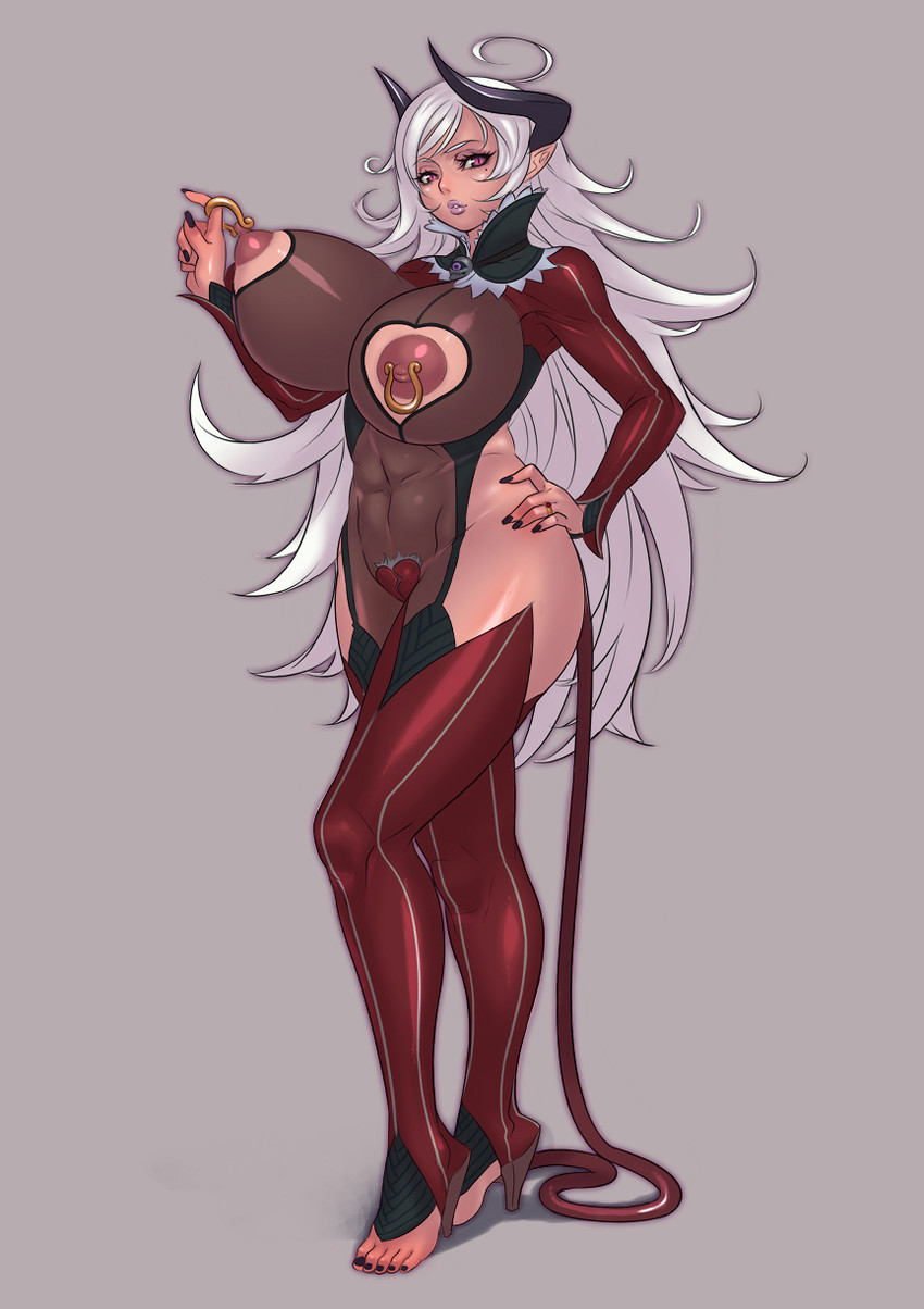1girls, abs, areolae, breasts, demon, demon girl, female, hairy pussy, heart cutout, high heels, horns, huge breasts, long hair, nipple piercing, nippleless clothes, nipples, original, pierced nipples, piercing, pink eyes, pointy ears, pubes, pubic hair, pussy, pussy hair, see-through, sethxzoe, solo, succubus, white hair, wide hips