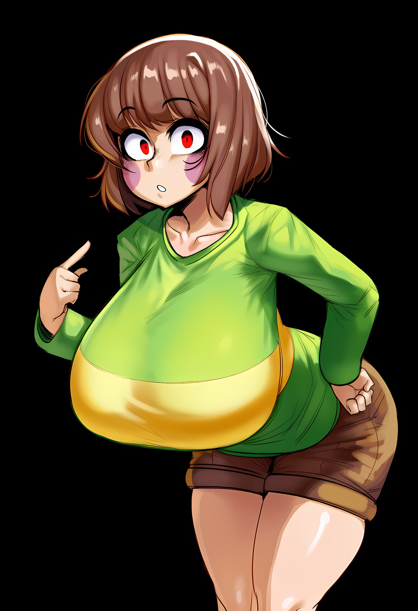 1girls, ai generated, big breasts, brown hair, chara, donbeboys, looking at viewer, pointing at self, red eyes, rosy cheeks, short hair, undertale