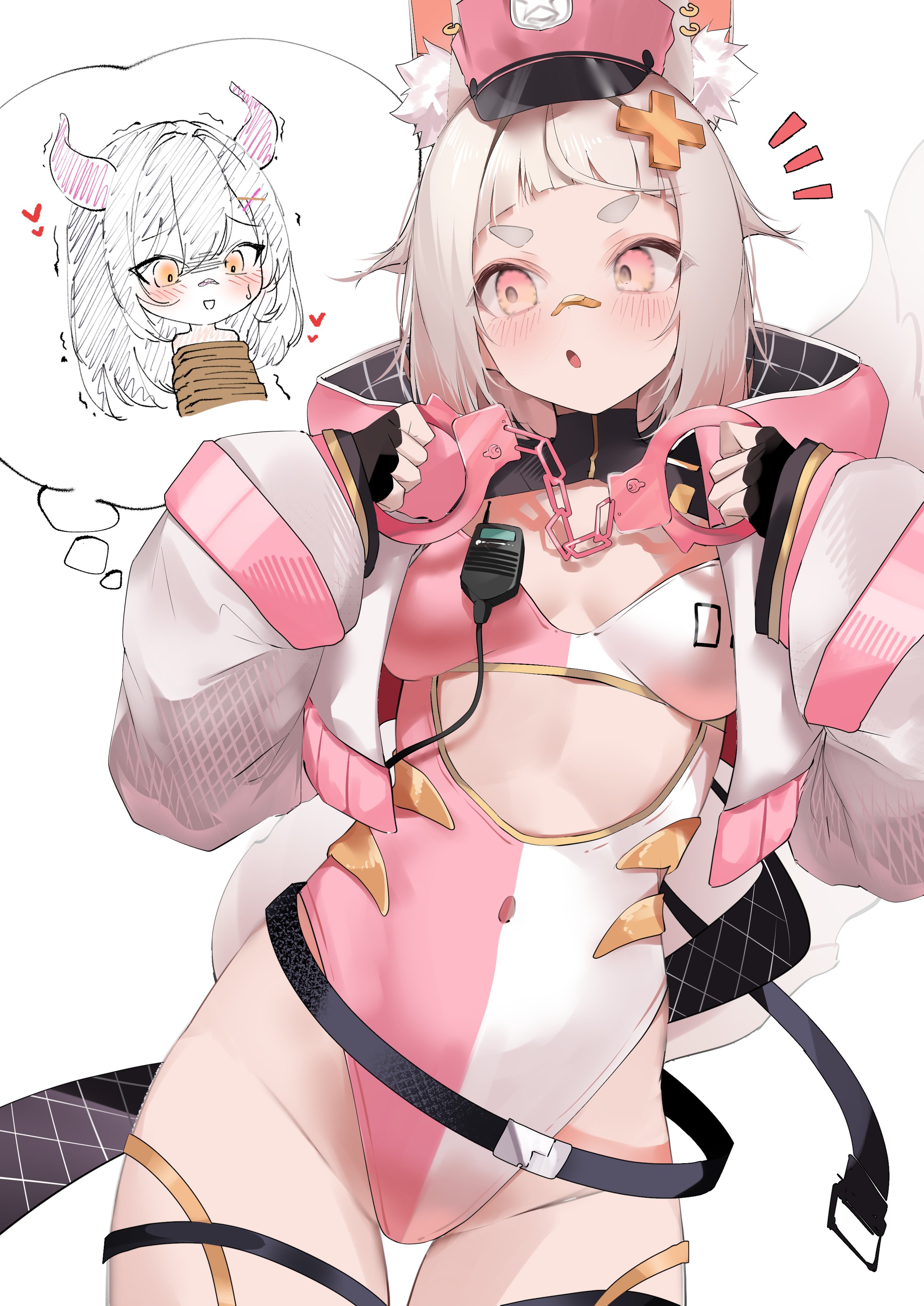 2girls, absurdres, animal ear fluff, animal ear piercing, animal ears, bandaid, bandaid on face, bandaid on nose, bare hips, belt, black hair, blonde hair, bondage, bound, breasts, cleavage, cross hair ornament, cuffs, demon girl, demon horns, fox girl, hair ornament, handcuffs, hat, heart, highres, horns, horny, horny police, implied yuri, indie virtual youtuber, jacket, leotard, lesbian, multiple girls, orange eyes, pepq, pink eyes, pink hat, pink leotard, purple horns, rainhoe, shirahiko (vtuber), small breasts, surprised, sweat, thighs, virtual youtuber, white background, white jacket, yuri