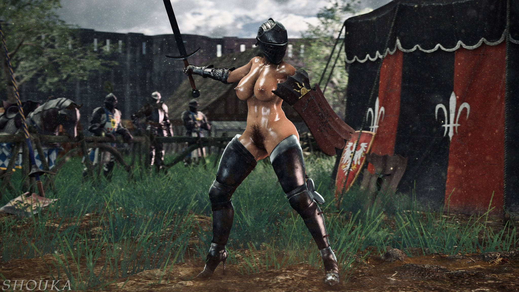 3d, 3d (artwork), action pose, breasts, brown hair, building, bush, castle, casual exposure, casual nudity, dirt, dramatic lighting, female, female focus, female knight, fence, gauntlets, grass, hairy pussy, helmet, high heels, horse, impractical armor, knight, knight armor, large breasts, medieval, mostly nude, nipple piercing, nipples, onlookers, outdoors, pubes, pubic hair, shield, shiny body, shiny skin, shoukaart, silver armor, source filmmaker, spectators, sweat, sweaty body, sword, tent, thick thighs, tree, watermark