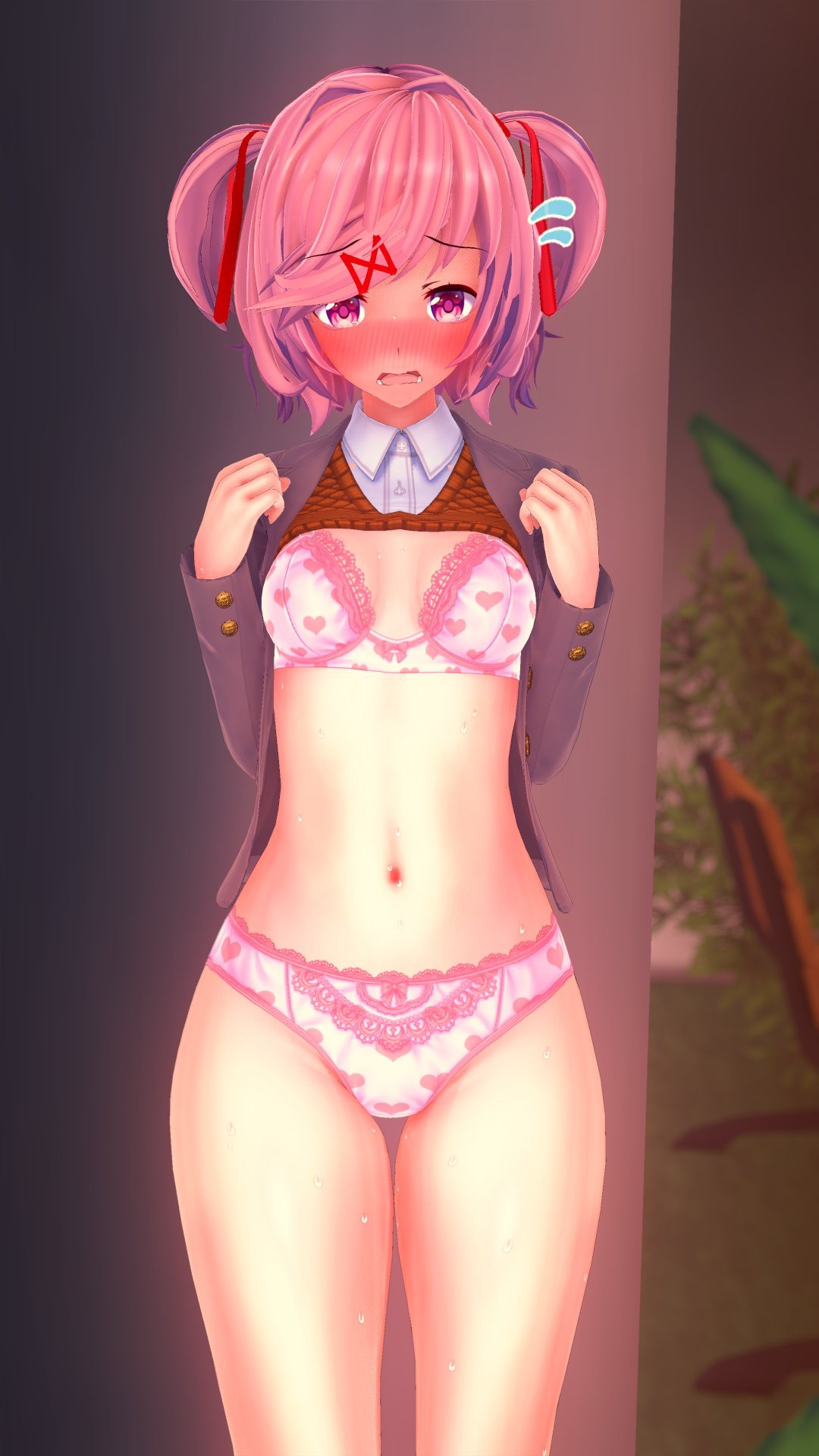 1girls, 3d, bra, doki doki literature club, exposed, female, female only, koikatsu, mashirosolera, natsuki (doki doki literature club), panties, showing off, solo, underwear