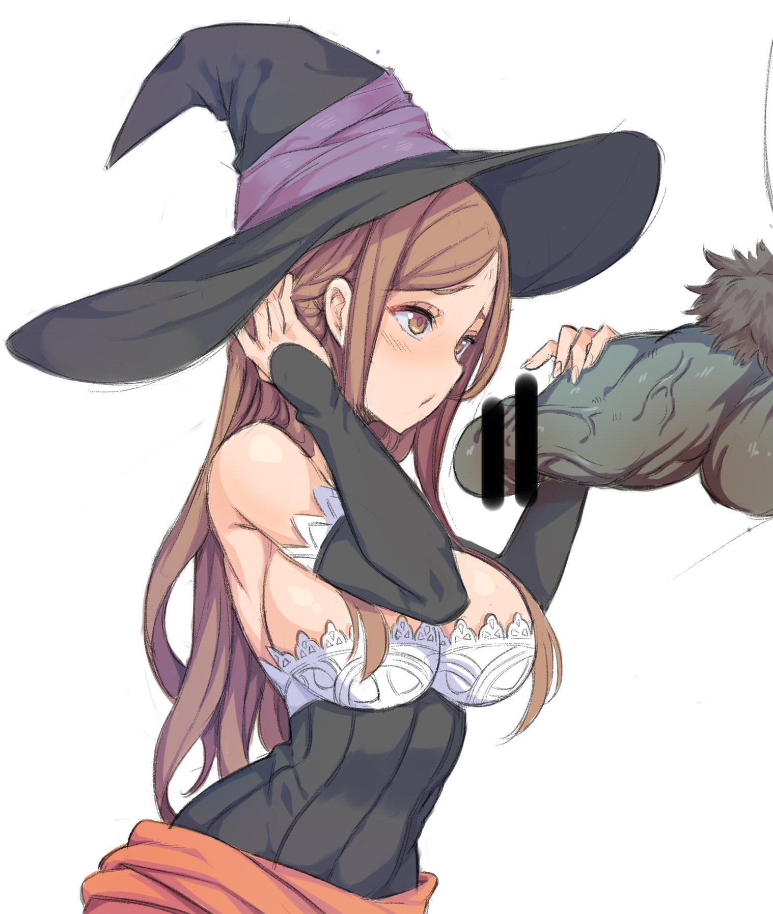 1boy, 1girls, balls, big breasts, breasts, brown eyes, brown hair, censor bar, censored, censored penis, dragon's crown, female, green skin, huge breasts, huge cock, human female, kook, large breasts, larger male, light skin, light-skinned female, loincloth, mage, male, male/female, orc, orc male, penis, sorceress, sorceress (dragon's crown), testicles, witch, witch hat