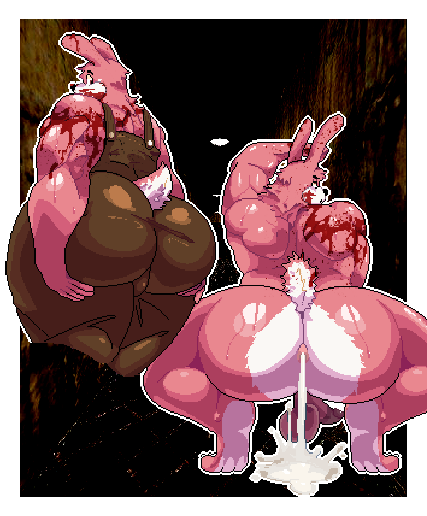 anthro, anthrofied, artist upload, ass, ass cleavage, ass focus, ass grab, ass up, asshole, bara, barazoku, blood on face, blood splatter, blood stain, brown clothing, cum, cum fart, cum filled, cum from ass, cum in ass, cum inside, cum puddle, down angle, gay, gay male, glistening, glistening body, glistening butt, glistening skin, looking at viewer, looking back, looking down, looking over shoulder, male, male focus, male only, mascot, mascot costume, overalls, overalls only, pink body, pink fur, rabbit, rabbit ears, rabbit humanoid, rabbit tail, ritcherr, robbie o coelho, robbie the rabbit, self upload, silent hill, silent hill 3, silent hill 4