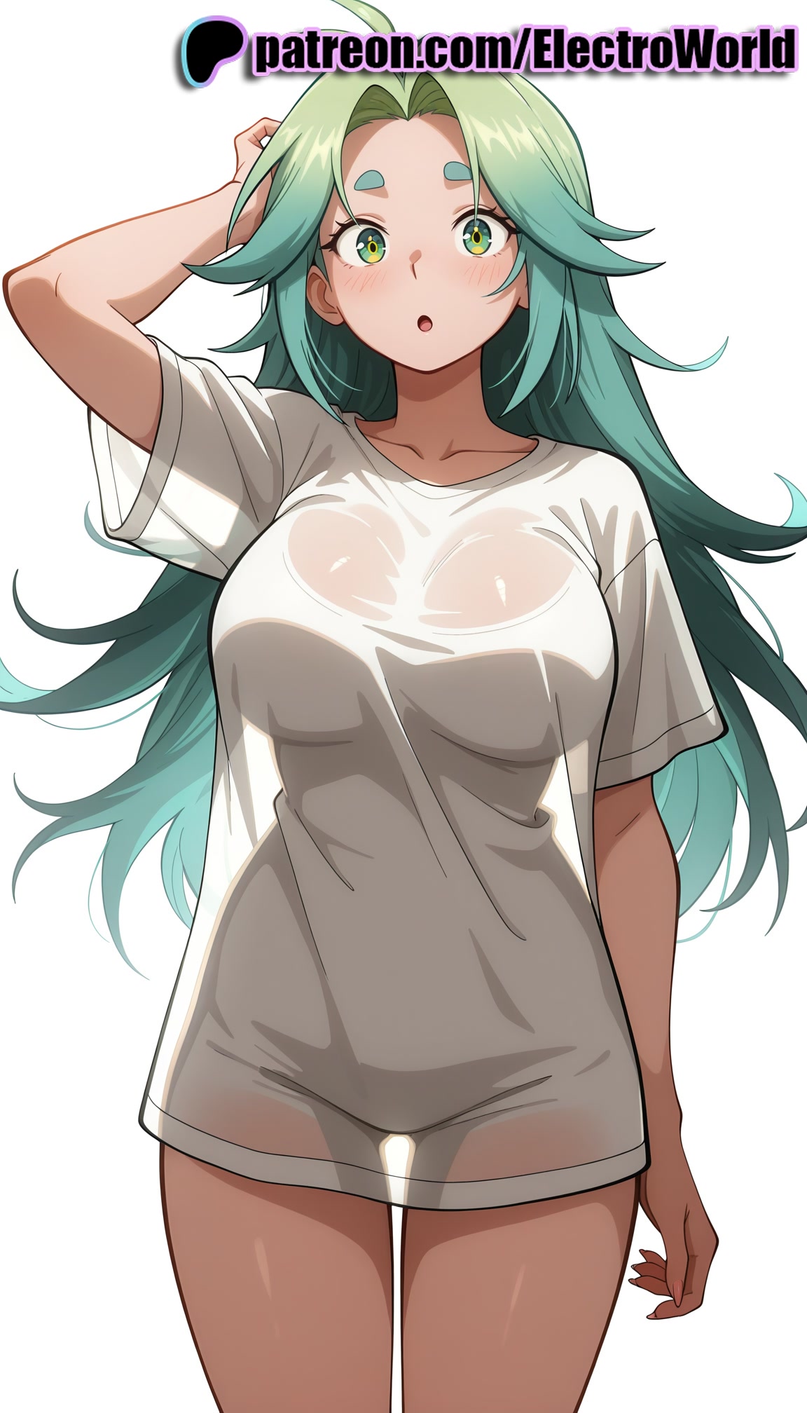 1girls, 2025, ai generated, artist name, big breasts, big chest, blush, breasts, bust, busty, chest, electroworld, female, green eyes, green hair, hi res, high quality, high resolution, highres, large breasts, long hair, looking at viewer, lucky cyan, open mouth, patreon, patreon username, see-through, shirt, short sleeves, simple background, solo, stable diffusion, to be hero x, watermark, wet shirt, white background