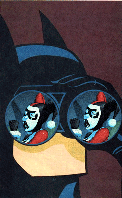 1boy, 1girls, animated, artist request, batman, batman (series), black lipstick, blowjob gesture, cheek bulge, dc comics, fellatio face, fellatio gesture, harley quinn, harley quinn (classic), jester, sexually suggestive