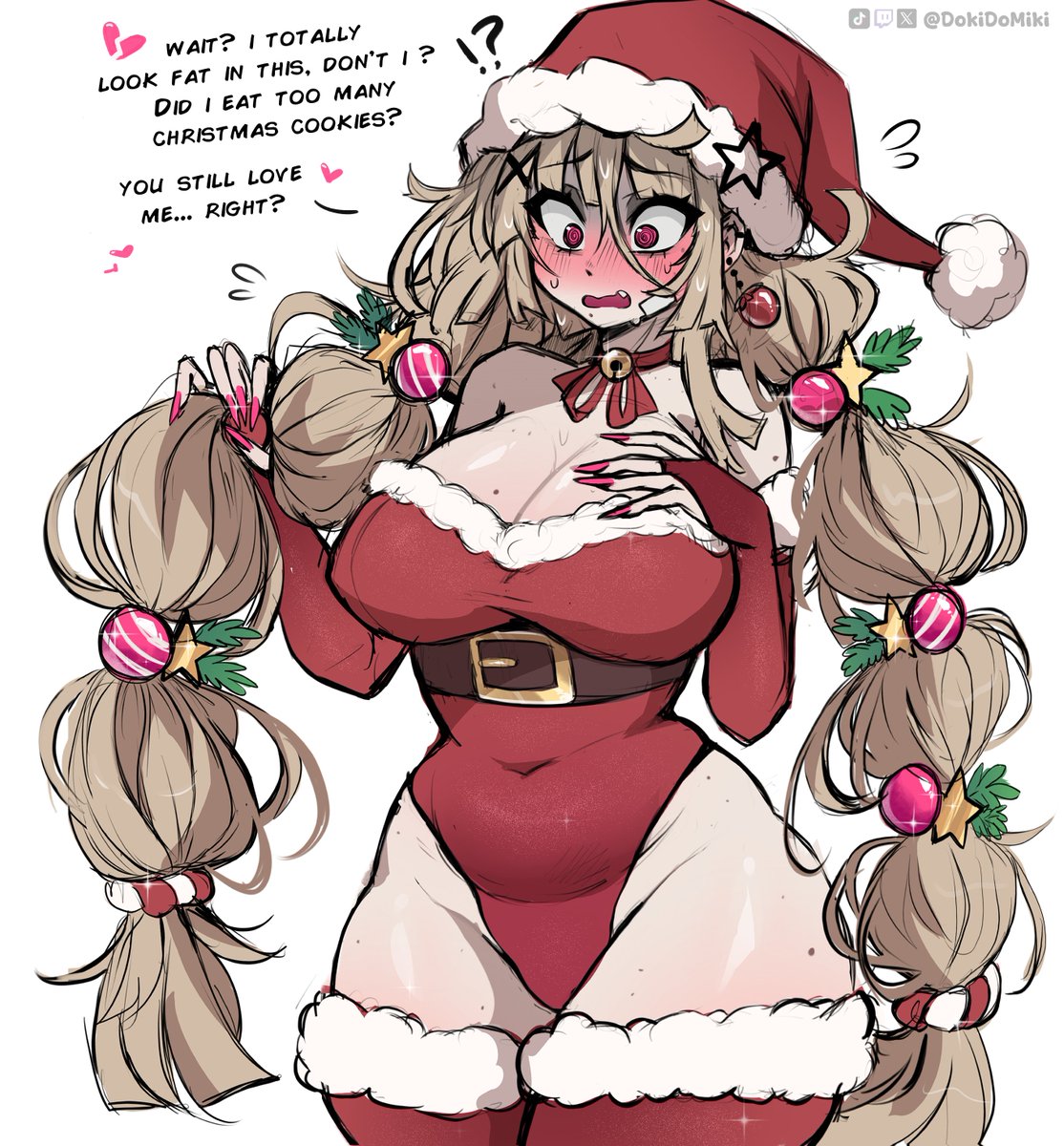 1girls, breasts, christmas, dokidomiki, english text, female, female focus, female only, large breasts, light skin, light-skinned female, miki (dokidomiki), original, solo, text, thick thighs, thighhighs, thighs, wide hips