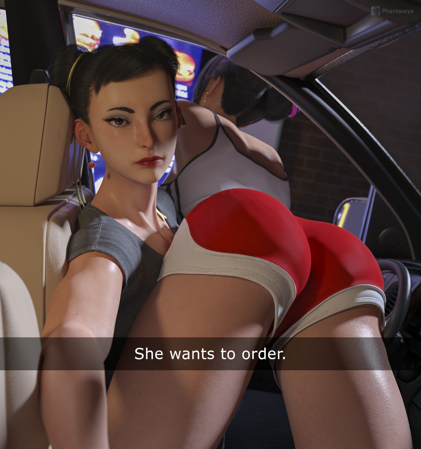 2girls, 3d, asian female, ass, ass focus, ass up, athletic shorts, big ass, booty shorts, capcom, car, car interior, casual clothes, chun-li, drive thru, gym shorts, he wants to order, heart shaped earrings, heart symbol, humor, inside car, juri han, looking at viewer, looking unamused, meme, ordering food, phantaseye, phone camera, red shorts, selfie, she wants to order, short shorts, snapchat, street fighter, tagme, tank top, thighs, unamused
