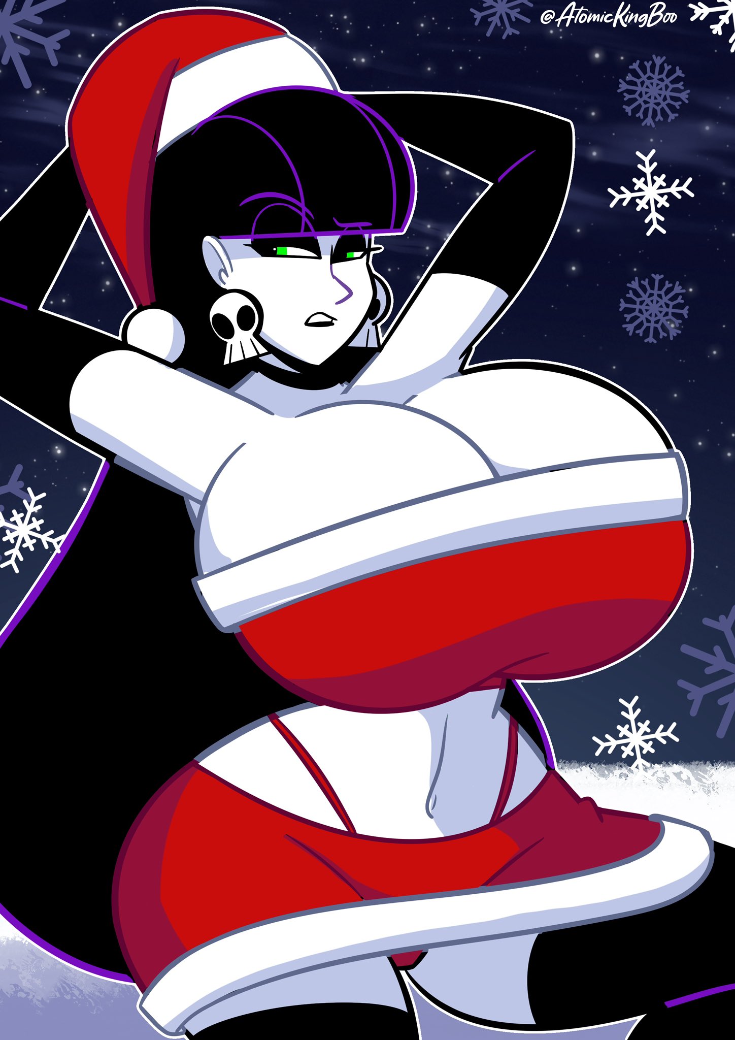 1girls, 2025, artist name, ass, atomickingboo, big ass, big breasts, big tiddy goth gf, black eyeshadow, black hair, black hair female, black lips, black lipstick, black-haired female, breasts, breasts bigger than head, christmas, clothed, clothed female, clothing, daisy dukes, ear piercing, ear ring, earring, earrings, english, english text, eyebrow raise, eyeshadow, female, female focus, female only, fully clothed, fully clothed female, gloves, goth, goth girl, gothic, gothic girl, huge breasts, light skin, light-skinned female, lindel dollice quilten, lips, lipstick, long gloves, oc, original, original character, pale skin, pale-skinned female, pierced ears, piercing, piercings, raised eyebrow, santa costume, santa hat, sexy, sitting, sitting on ground, skull earrings, snow, snowing, snowy background, solo, solo female, solo focus, stockings, text, the besties (atomickingboo), thick thighs, thighs, thong, tube top, tubetop, white skin, white-skinned female