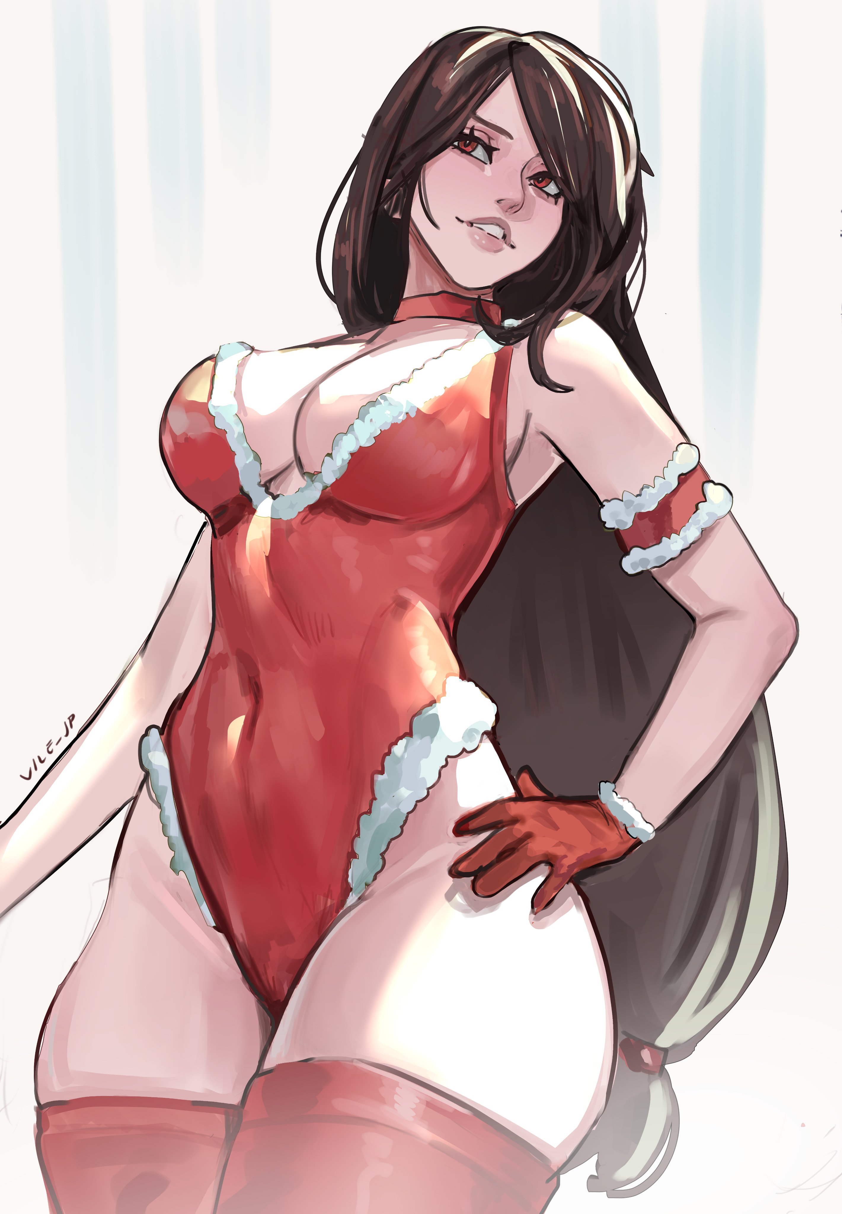 1girls, 2d, black hair, breasts, breedable hips, christmas, christmas outfit, female, female focus, female only, final fantasy, final fantasy vii, large breasts, light skin, light-skinned female, long hair, red eyes, solo, square enix, thick thighs, thighhighs, thighs, tifa lockhart, vile jp, wide hips