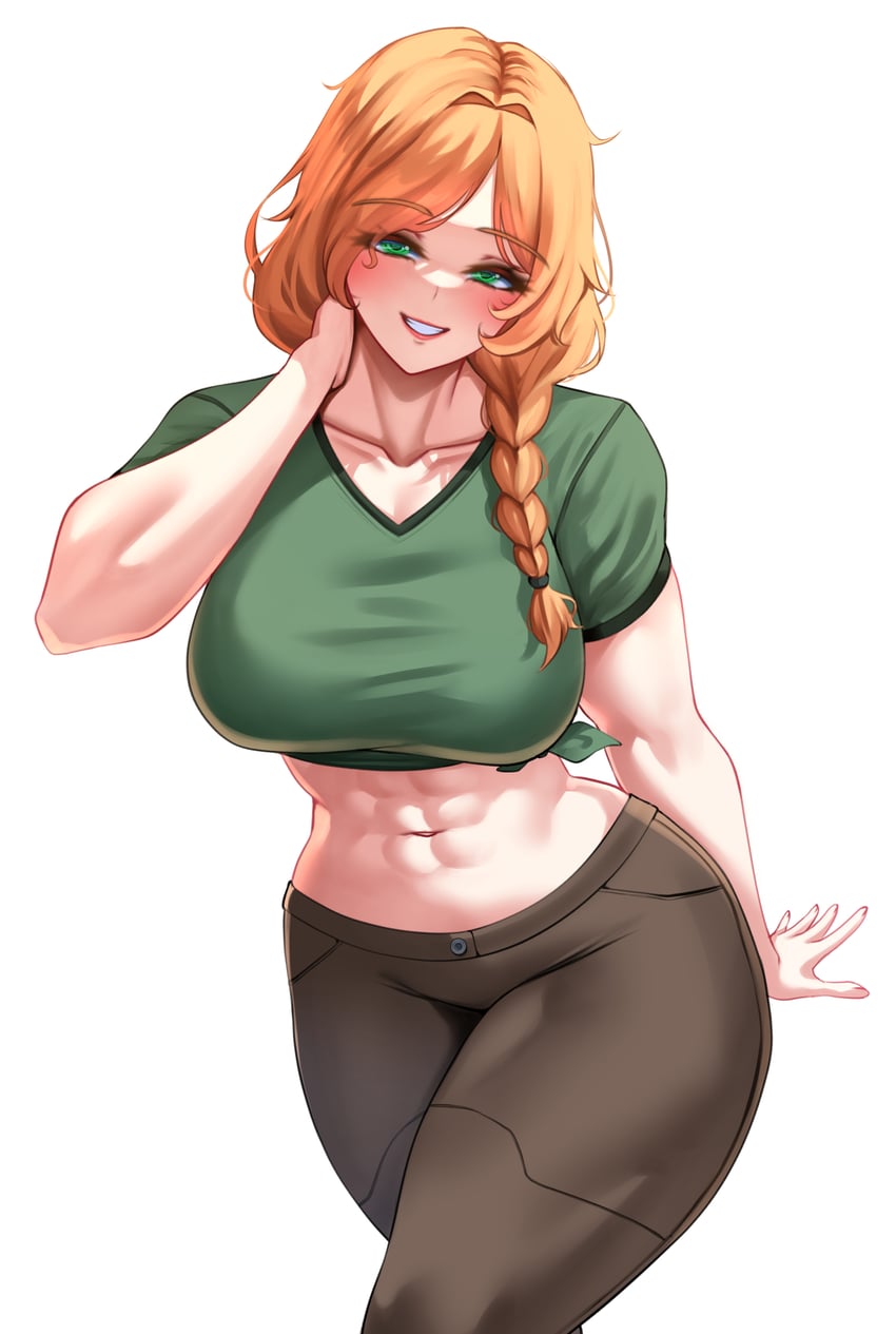 1girls, abs, alex (minecraft), braid, braided ponytail, breasts, brown pants, female only, green eyes, green shirt, karma3009, large breasts, long hair, looking at viewer, minecraft, muscular, muscular female, orange hair, pants, shirt, simple background, smile, solo, solo female, t-shirt, white background