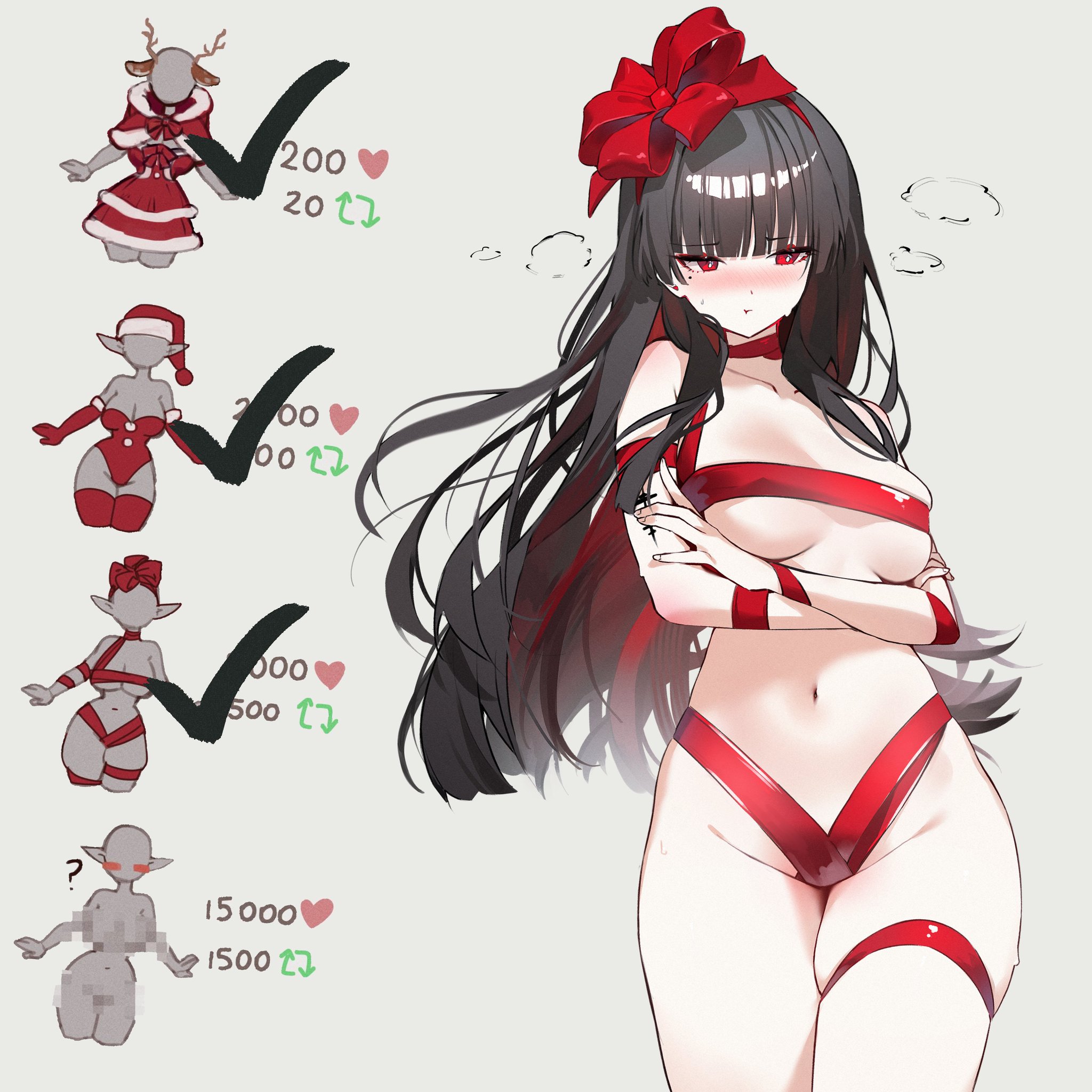1girls, black hair, breasts, chisa (wuthering waves), christmas outfit, exposed breasts, female, female only, long hair, red eyes, red ribbon, shaoviie, string bikini, thighband, wuthering waves