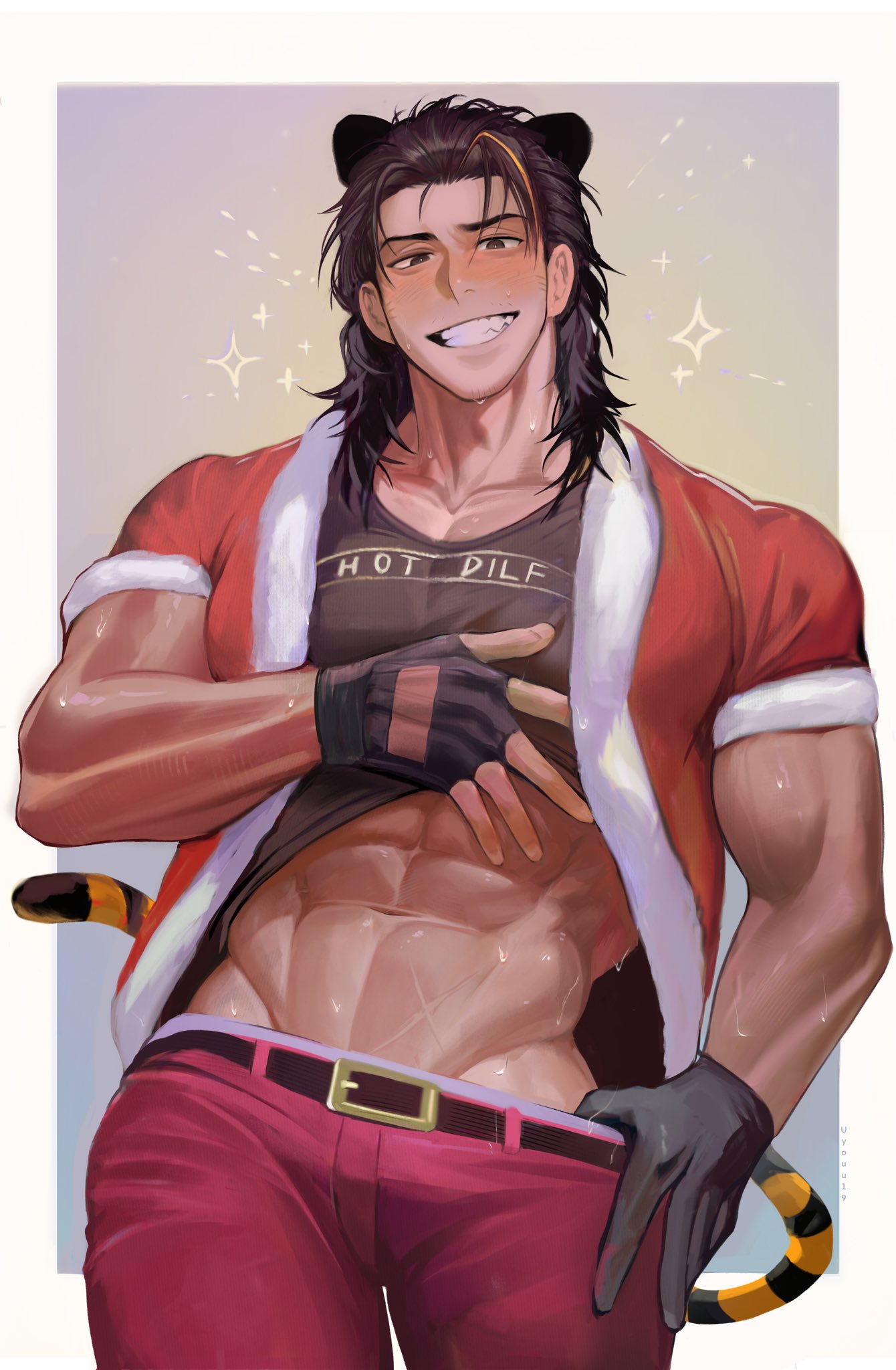 background, bara, canto 21 if it was even more peak, daddy, dilf, gay, honestly quite incredible, huge biceps, huge bulge, lei heng (limbus company), lei heng (project moon), limbus company, male, male only, merry christmas, muscular male, posing for picture, posing for the viewer, project moon, revealing clothes, ripped muscles, santa jacket, santa pants, six pack, smiling, sneaky, tiger, tiger ears, tiger tail, tremor bursted, uyouu19, waow, yaoi