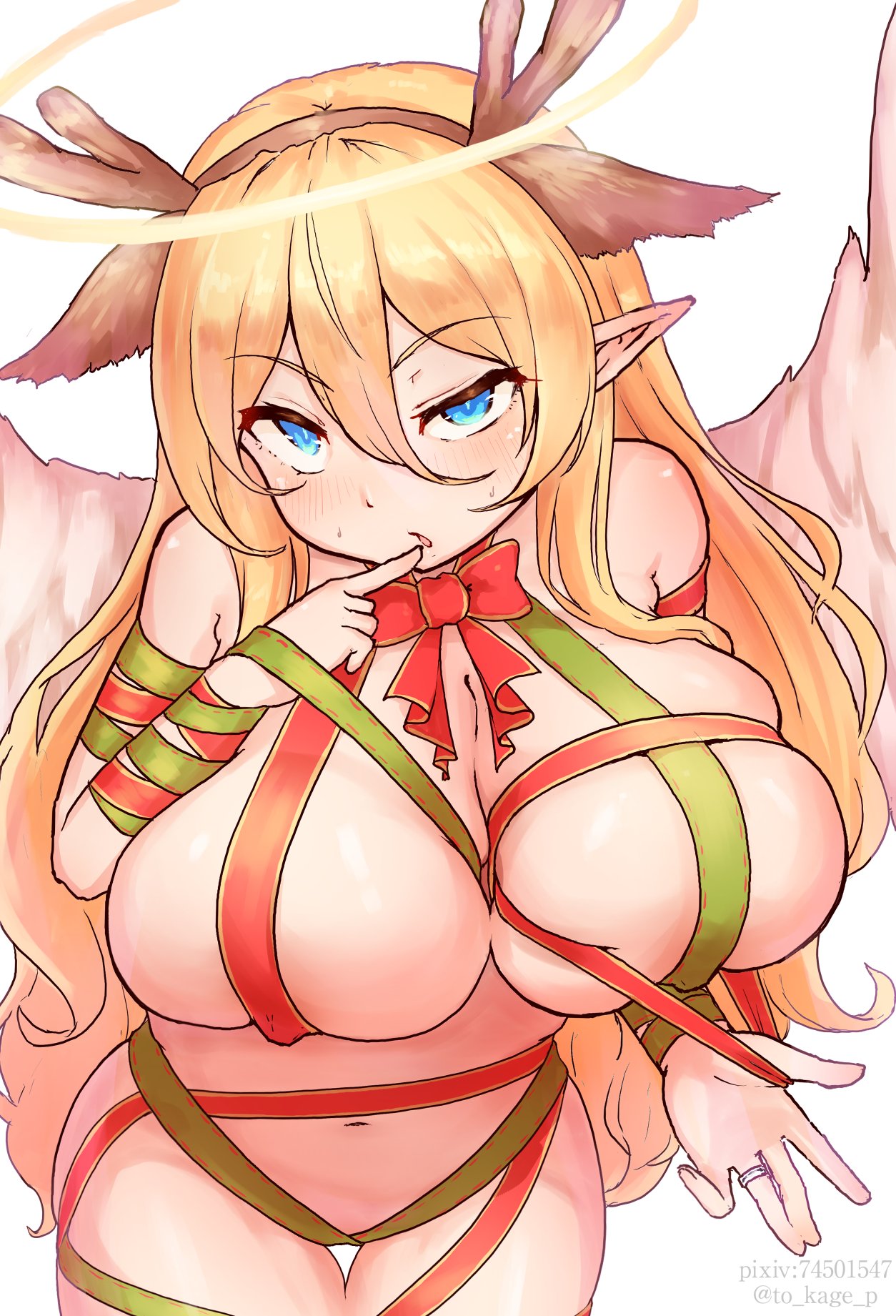 angel, angel girl, angel wings, big breasts, blonde hair, blue eyes, bowtie, breasts, christmas, christmas outfit, convenient censoring, gift wrapped, halo, headband, holidays, large breasts, long hair, looking at viewer, micaela (mon-musu quest!), mon-musu quest!, monster girl, monster girl (genre), monster girl quest, reindeer antlers, reindeer costume, ring, tagme, to kage p, wings