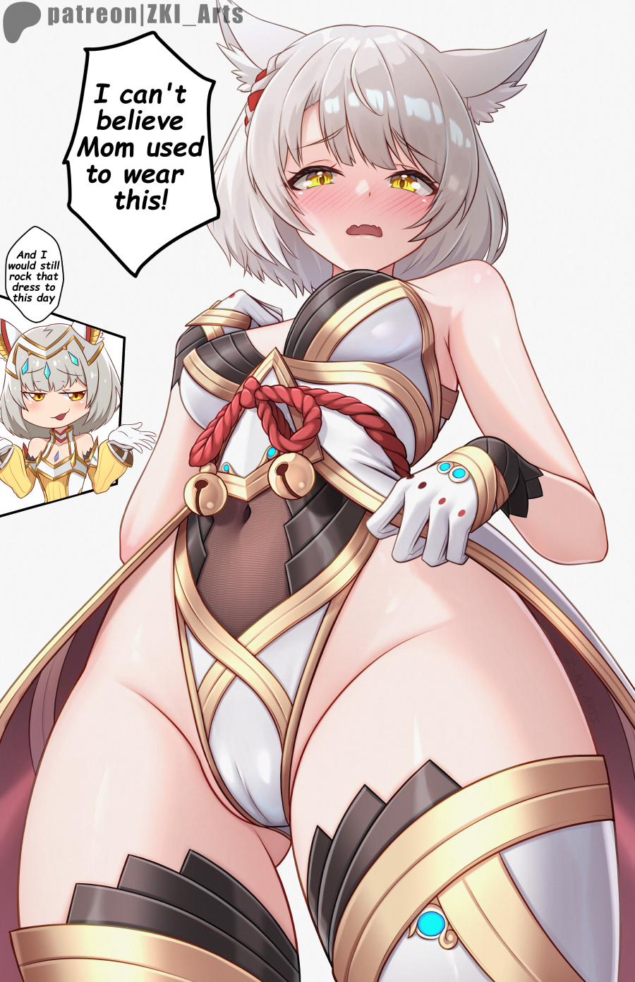 2girls, animal ear fluff, animal ears, bare shoulders, blush, bob cut, borrowed clothes, breasts, cameltoe, cat ears, cat girl, chest jewel, core crystal, cosplay, detached sleeves, embarrassed female, gold eyes, grey hair, highleg, highleg leotard, highres, leotard, mio (xenoblade), mother and daughter, multiple girls, nia, nia (blade) (xenoblade), nia (blade) (xenoblade) (cosplay), nia (xenoblade), open mouth, outfit change, outfit reference, outfit swap, partially visible vulva, revealing clothes, short hair, skimpy clothes, thick thighs, thighhighs, xenoblade (series), xenoblade chronicles 2, xenoblade chronicles 3, yellow eyes, z-ki