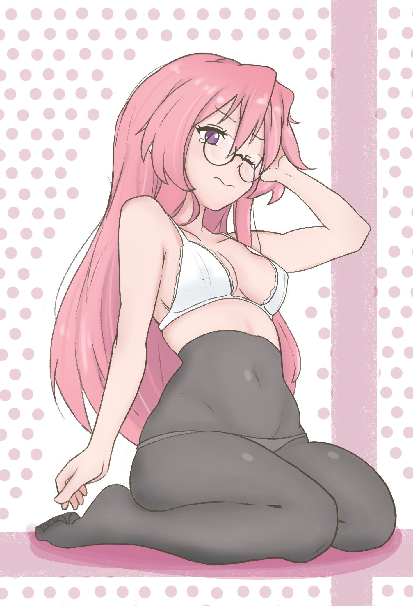 adjusting hair, black pantyhose, blush, bra, breasts, collarbone, commentary, covered erect nipples, covered navel, feet, female, full body, glasses, hair between eyes, highres, kneeling, long hair, lucky star, medium breasts, miyuki takara, one eye closed, panties, panties under pantyhose, pantyhose, pink background, pink hair, polka dot, polka dot background, purple eyes, repost, shadow, sidelocks, solo, stomach, tears, toes, underwear, white background, white bra, white panties