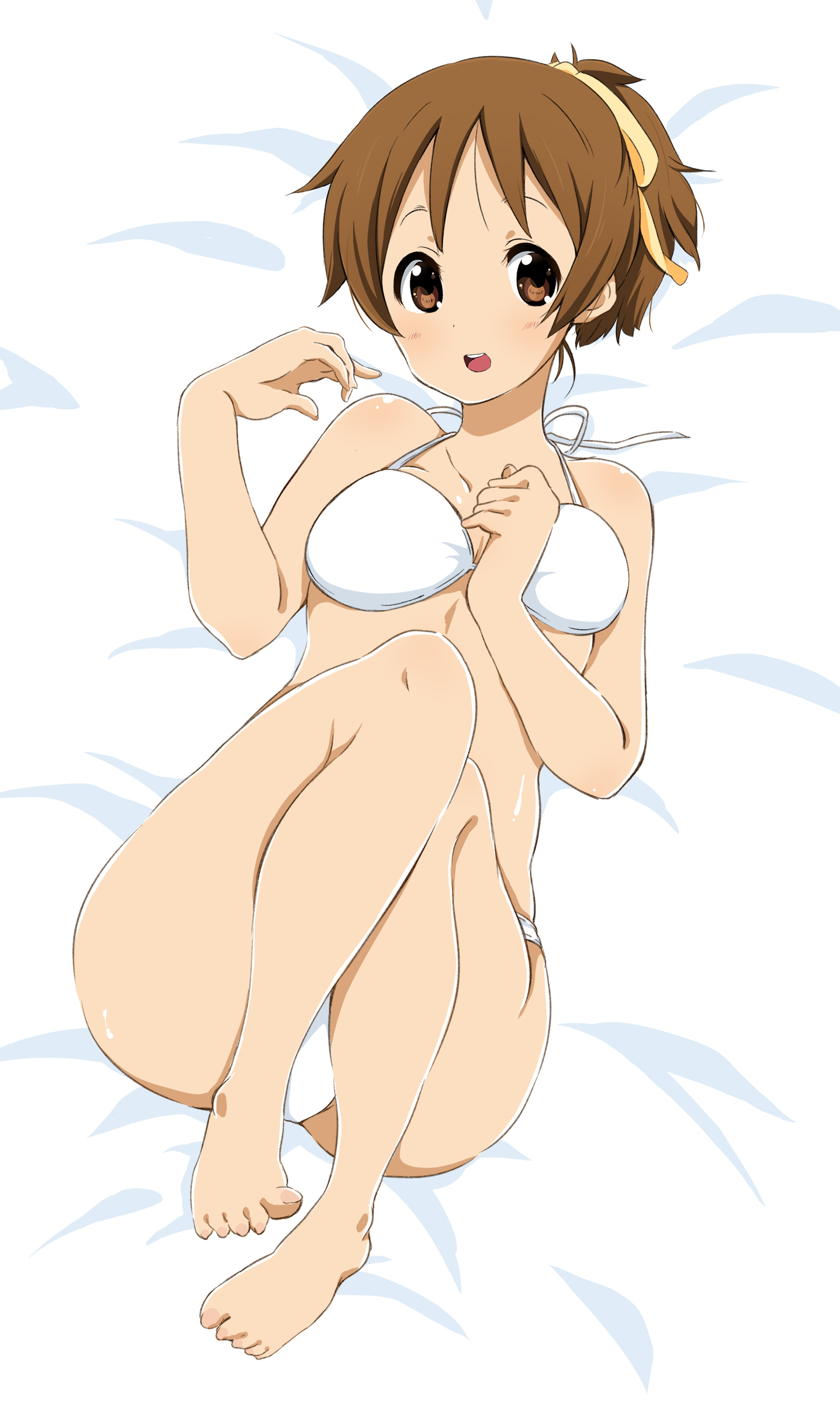 :d, absurdres, bad id, bad pixiv id, barefoot, bikini, brown eyes, brown hair, feet, female, female focus, hair ribbon, highres, k-on!, lying, official style, on back, open mouth, ponytail, ragho no erika, ribbon, round teeth, smile, solo, swimsuit, teeth, toes, ui hirasawa (k-on!), white bikini