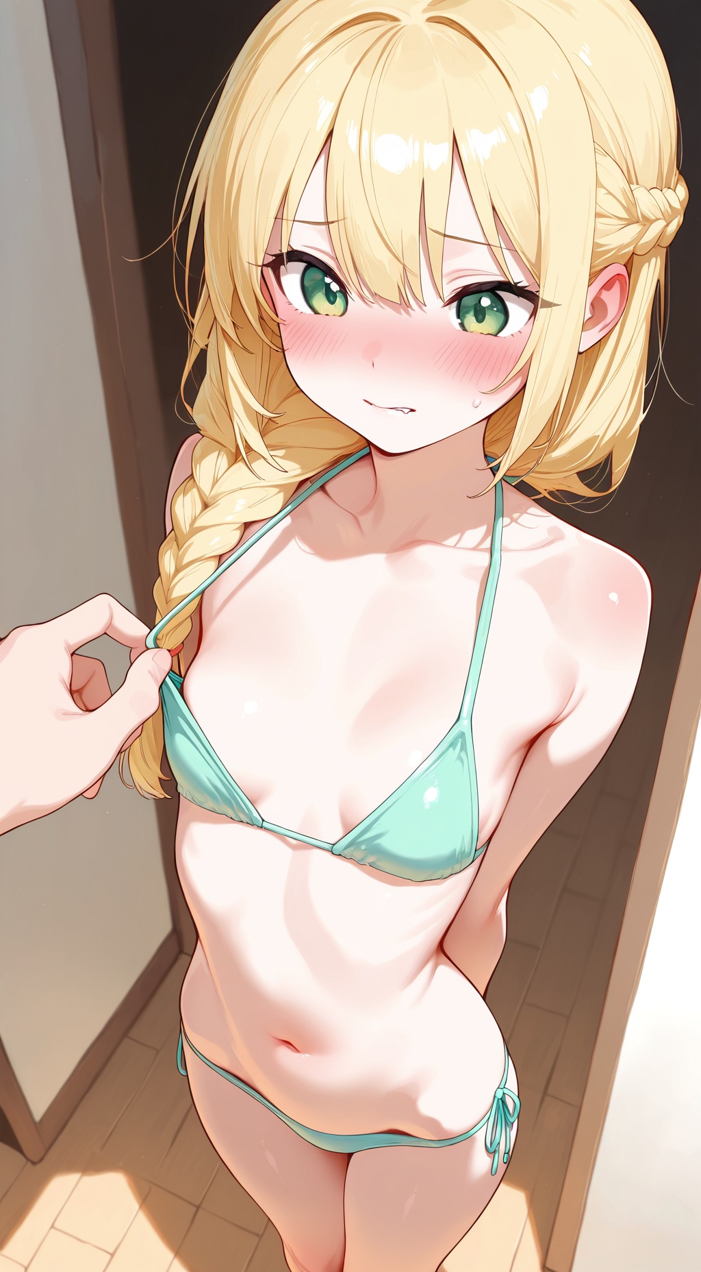 ai assisted, ai generated, bikini, blonde hair, blush, getting undressed, green eyes, hands behind back, nervous, nervous expression, petite female, shy expression, small breasts, turquoise bikini
