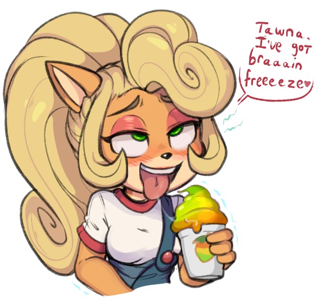 1girls, 2021, ahe gao, ahegao face, artist request, blush, brain freeze, coco bandicoot, crash (series), crash bandicoot (series), english text, female, female only, overalls, questionable, saliva string, simple background, slushie, suggestive, text, tongue out, video games, white background, wumpa whip