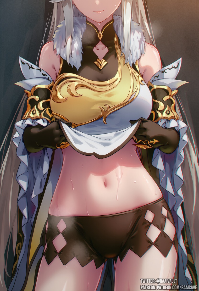 ai generated, belly, belly button, exposed belly, genshin impact, hips, lifting shirt, medium breasts, midriff, navel, ningguang (genshin impact), raaicave, shorts, sweat