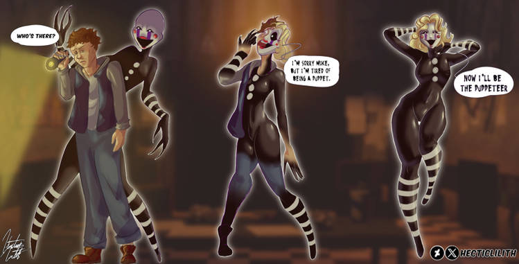 black clothing, blonde hair, curvy figure, dialogue, five nights at freddy's, five nights at freddy's (film), five nights at freddy's 2, flashlight, fnaf 2, fnaf movie, marionette (fnaf), possessed, possession, puppet (fnaf), smiling, tgtf, transformation
