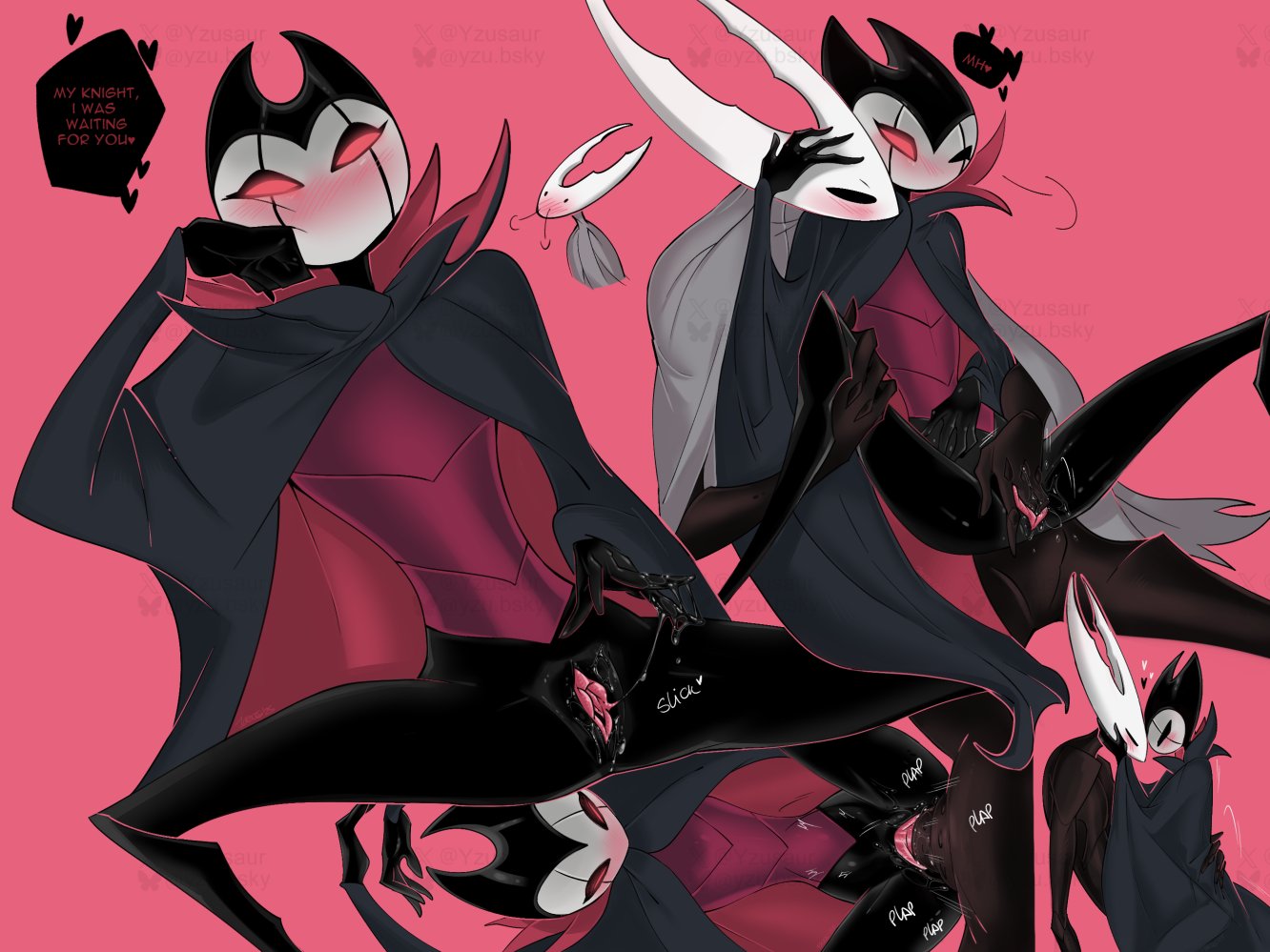 1boy, 1nonbinary, 2025, bedroom, black body, black skin, blush, bodily fluids, cloak, closed eyes, cowgirl position, deep penetration, dialogue, female, fingering, fingering partner, gay, gay sex, grey clothing, grimm (hollow knight), heart, hi res, holding, hollow knight, hollow knight (character), horns, horny, laying down, missionary position, penetration, presenting, pure vessel, pussy, red eyes, sex, sweat, sweatdrop, sweating, wet, wet pussy, yzusaur