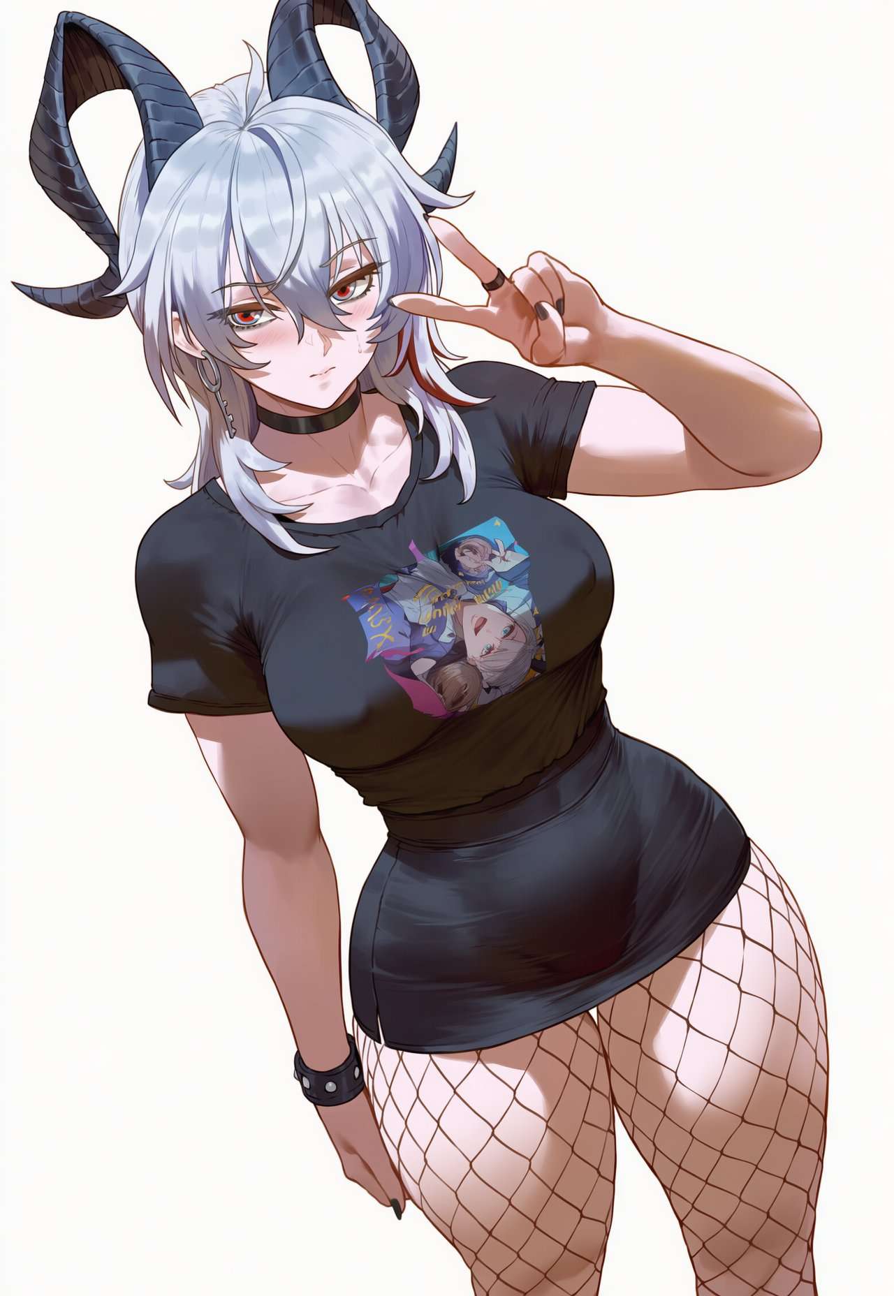 ai generated, black nails, black shirt, blush, bracelet, choker, curved horns, curvy, demon horns, female, fishnet legwear, fishnets, horns, large breasts, looking at viewer, peace sign, red eyes, shirt print, short hair, simple background, solo, t-shirt, thick thighs, thighhighs, v sign, white background, white hair, wide hips, wristband, wuthering waves, zani (wuthering waves)