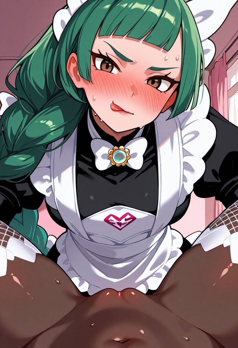 2girls, ai generated, dark-skinned female, female, game freak, harujio (pokemon), implied cunnilingus, implied oral, jacinthe (pokemon), lebanne (pokemon), lesbian couple, light-skinned female, maid, maid headdress, maid outfit, maid uniform, nintendo, pokemon, pokemon legends: z-a, pov, pussy, tongue, tongue out, yukari (pokemon), yuri