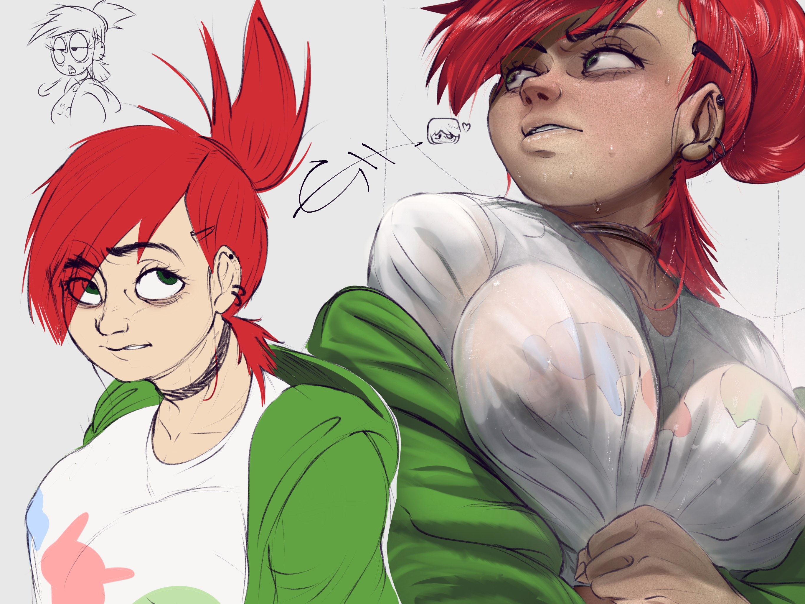 2d, 2d (artwork), 2d artwork, alternate art style, breasts, cartoon, cartoon network, choker, color-it-in, color-it-in (cii), eyebags, female, foster's home for imaginary friends, frankie foster, green hoodie, hoodie, indifference, indifferent, older female, ponytail, red hair, shirt, solo