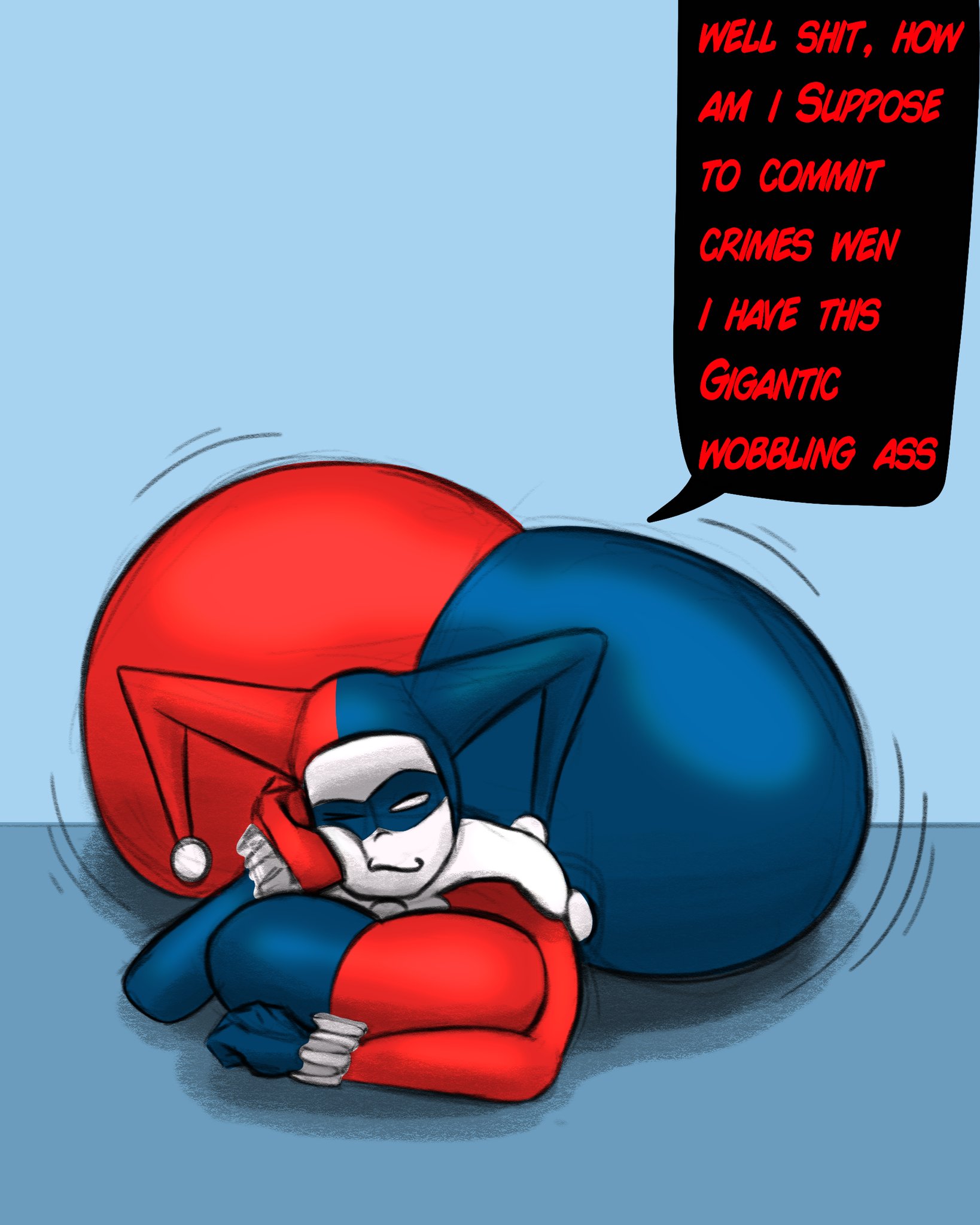 1girls, ass, ass bigger than head, ass focus, batman (series), big ass, big breasts, big butt, bodysuit, bubble ass, bubble butt, busty, butt focus, clothed, clothed female, clothing, clown, clown girl, dc, dc comics, dialogue, english dialogue, english text, fat ass, female, female focus, female only, gigantic ass, harley quinn, harley quinn (classic), huge ass, huge butt, jester, jester girl, jester hat, jester outfit, large ass, large butt, massive ass, massive butt, smug, solo, solo female, solo focus, speech bubble, superbone, text, thick ass, wobbling ass