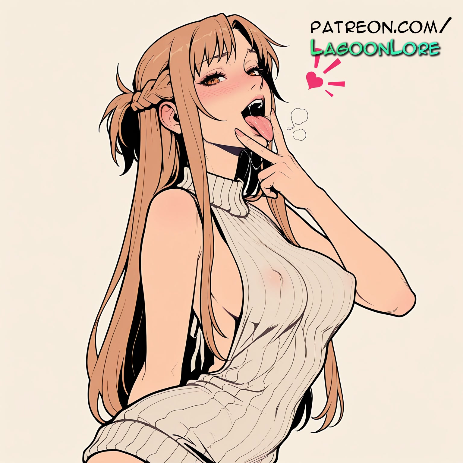 ai generated, artist name, bare shoulders, blush, braid, breasts, brown eyes, brown hair, bust, chest, covered nipples, cunnilingus gesture, fellatio gesture, female, gradient, gradient background, hi res, highres, lagoonlore, long hair, looking at viewer, meme attire, naked sweater, open mouth, patreon, patreon username, ribbed sweater, sideboob, solo, sweater, sweater dress, sword art online, tongue, tongue out, turtleneck, virgin killer sweater, watermark, yuuki asuna
