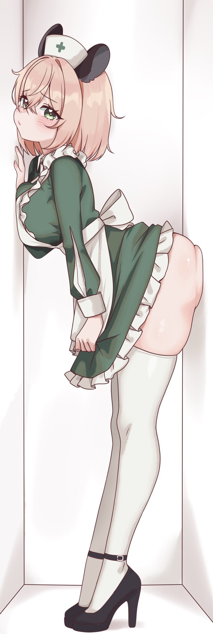 1girls, against wall, ass, ass focus, ass press, ass squeeze, ass squish, big ass, big butt, black shoes, blush, breast press, breasts, brown hair, dress, fat ass, female, female only, from side, full body, green dress, green eyes, hat, high heels, highres, indie virtual youtuber, large breasts, leaning forward, looking at viewer, moshiedraws, nimi nightmare, nurse, nurse cap, nurse uniform, pout, shoes, skirt, skirt tug, soft ass, solo, squished ass, thighhighs, uniform, virtual youtuber, vtuber, white thighhighs
