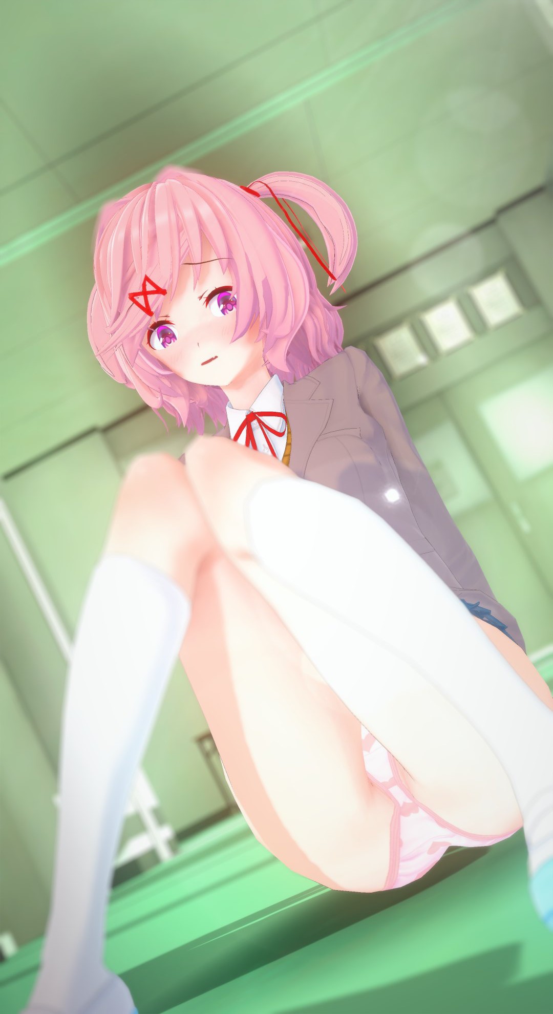1girls, 3d, doki doki literature club, female, female only, koikatsu, looking at viewer, mashirosolera, natsuki (doki doki literature club), panties, solo, upskirt
