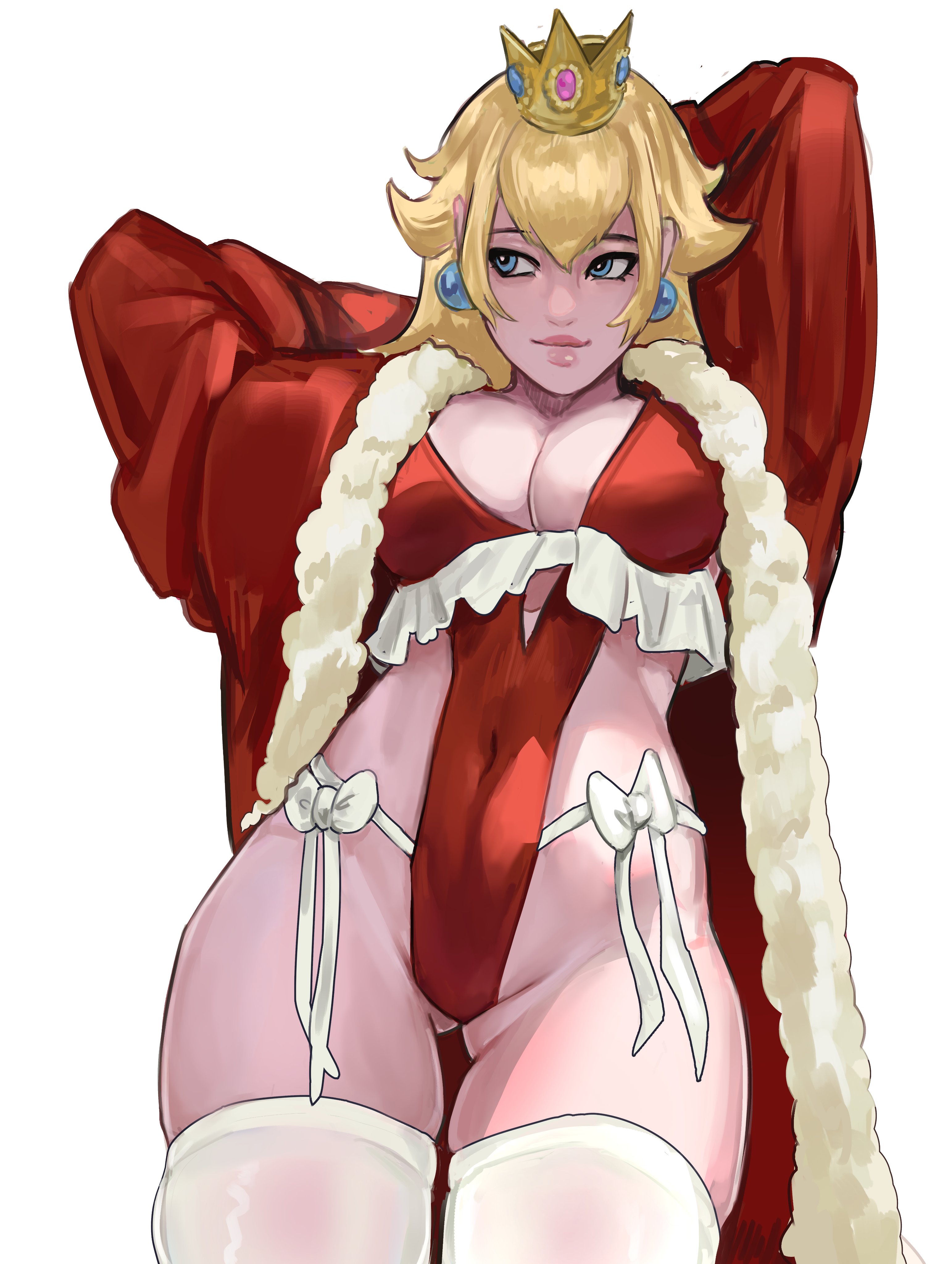1girls, ass, ass visible through thighs, breasts, christmas, female, female focus, female only, large breasts, light skin, light-skinned female, mario (series), princess peach, solo, thick thighs, thighhighs, thighs, vile jp, wide hips