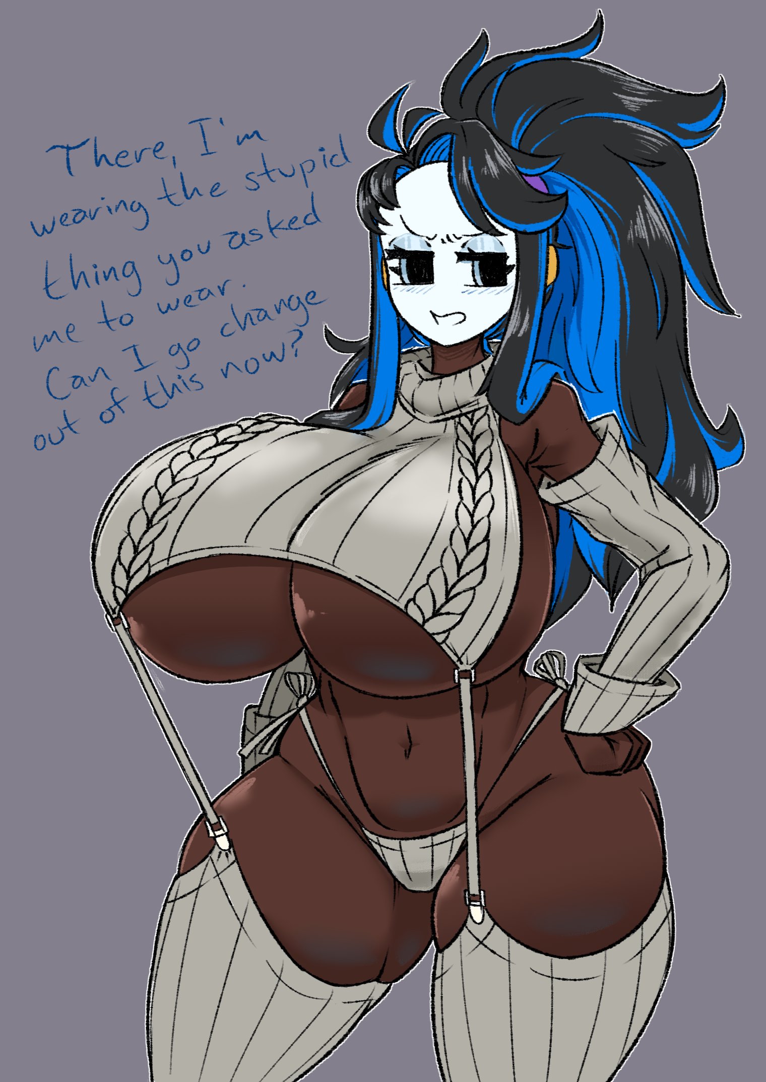 01 (shadyshadsie), 1girls, big breasts, black hair, blue hair, breasts, dark skin, dark-skinned female, female, huge breasts, large breasts, mario (series), mask, original character, shadyshadsie, shy gal, solo, text, thick thighs, thighs